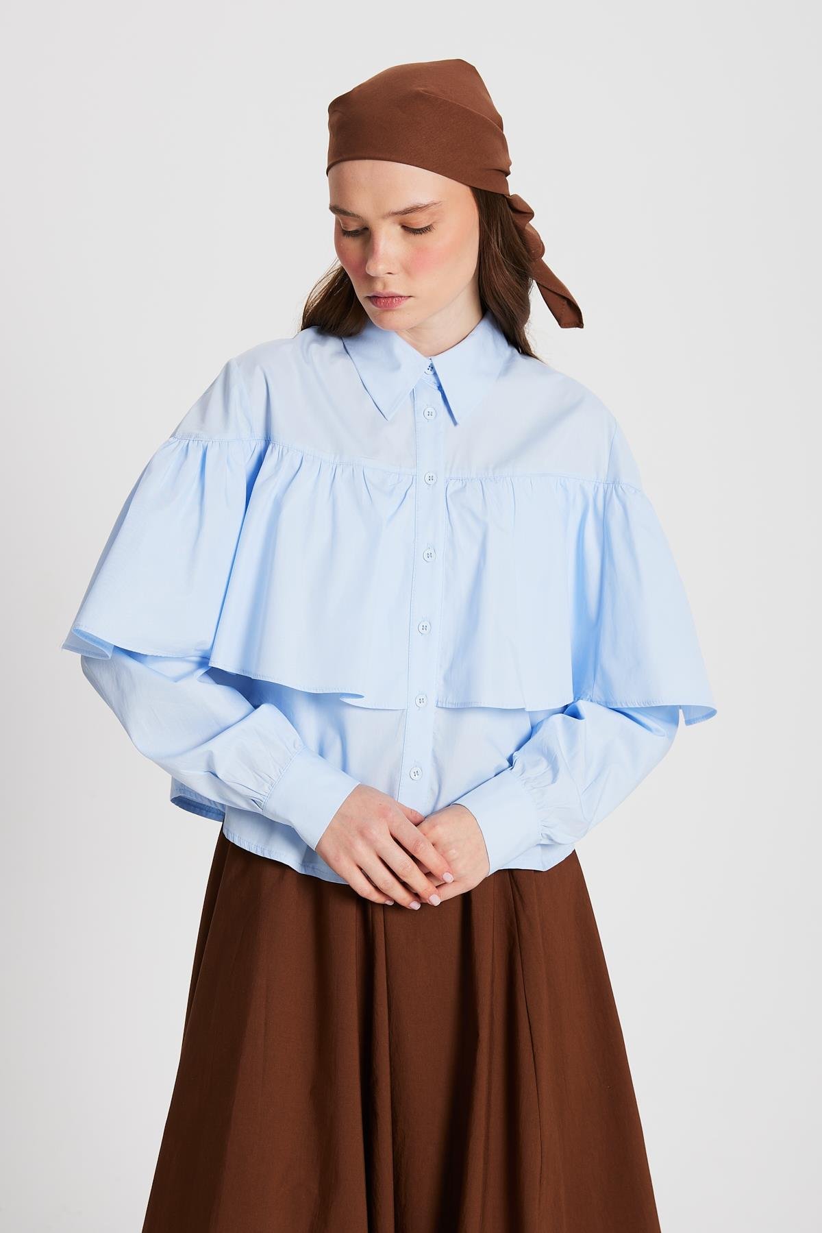 Kadın Mavi Fırfırlı Pamuk Kumaş Geniş Kesim Gömlek 29136