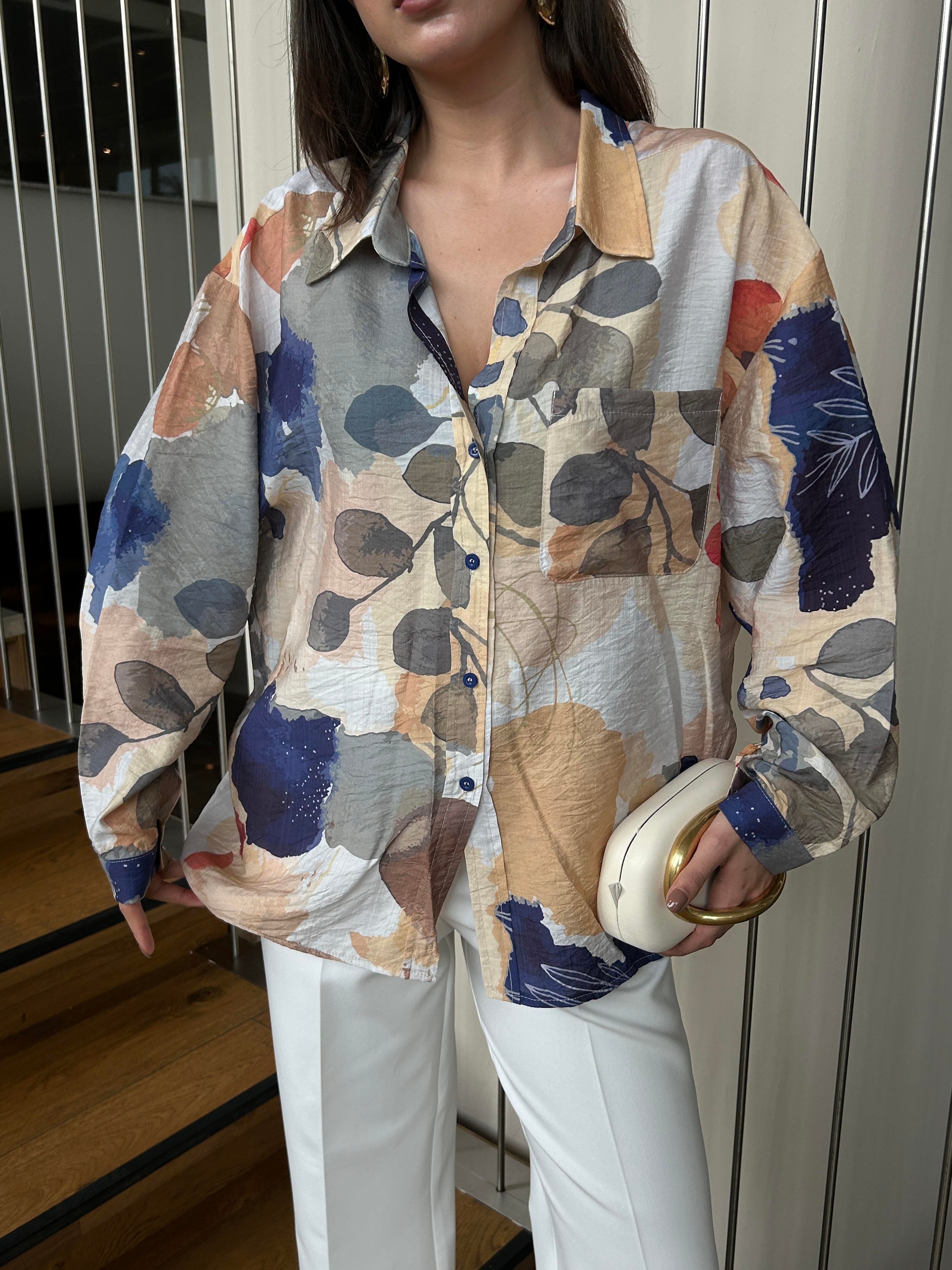 Kadın Mavi Mango Kumaş Desenli Cepli Oversize Gömlek 29084