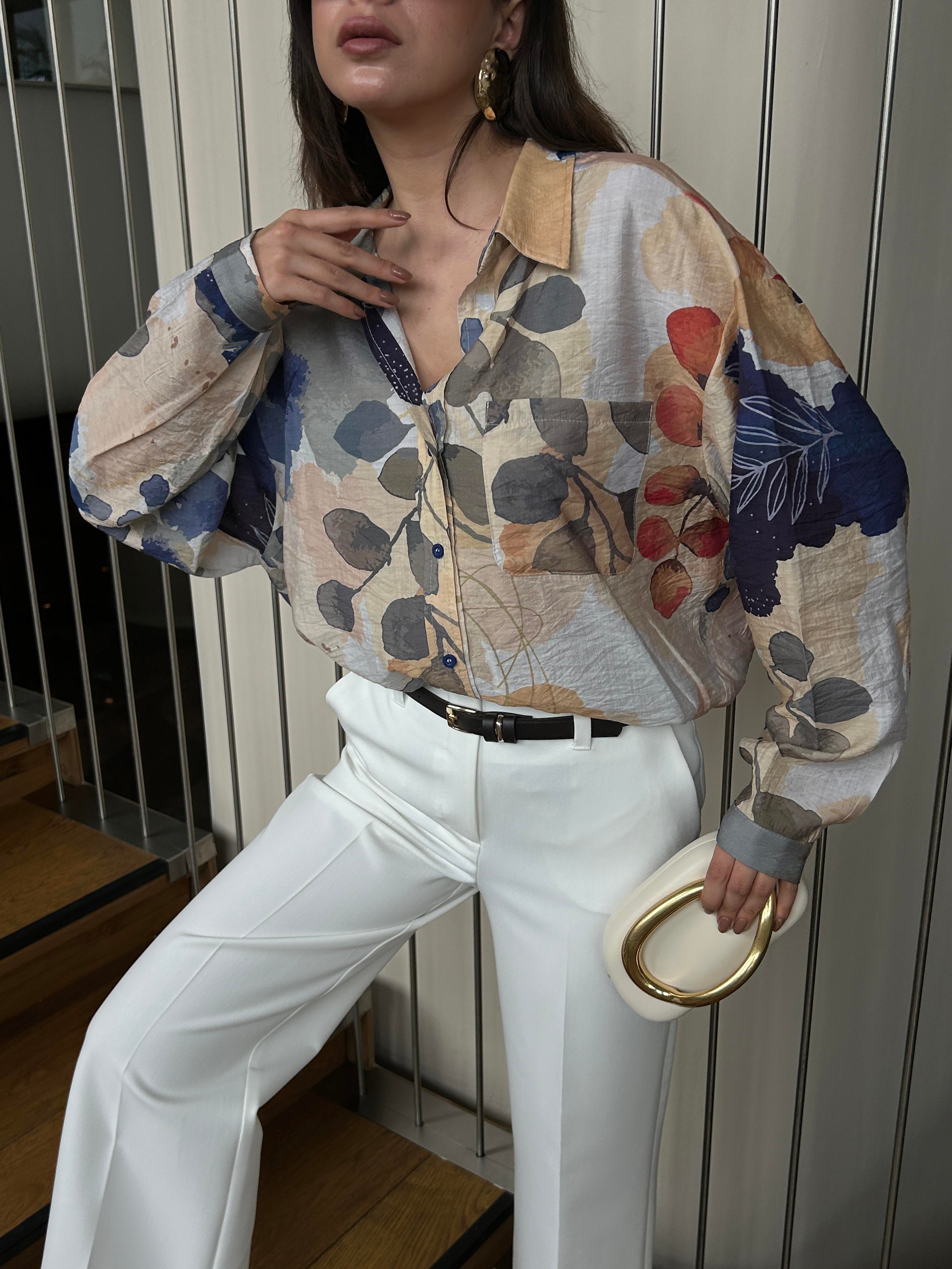 Kadın Mavi Mango Kumaş Desenli Cepli Oversize Gömlek 29084