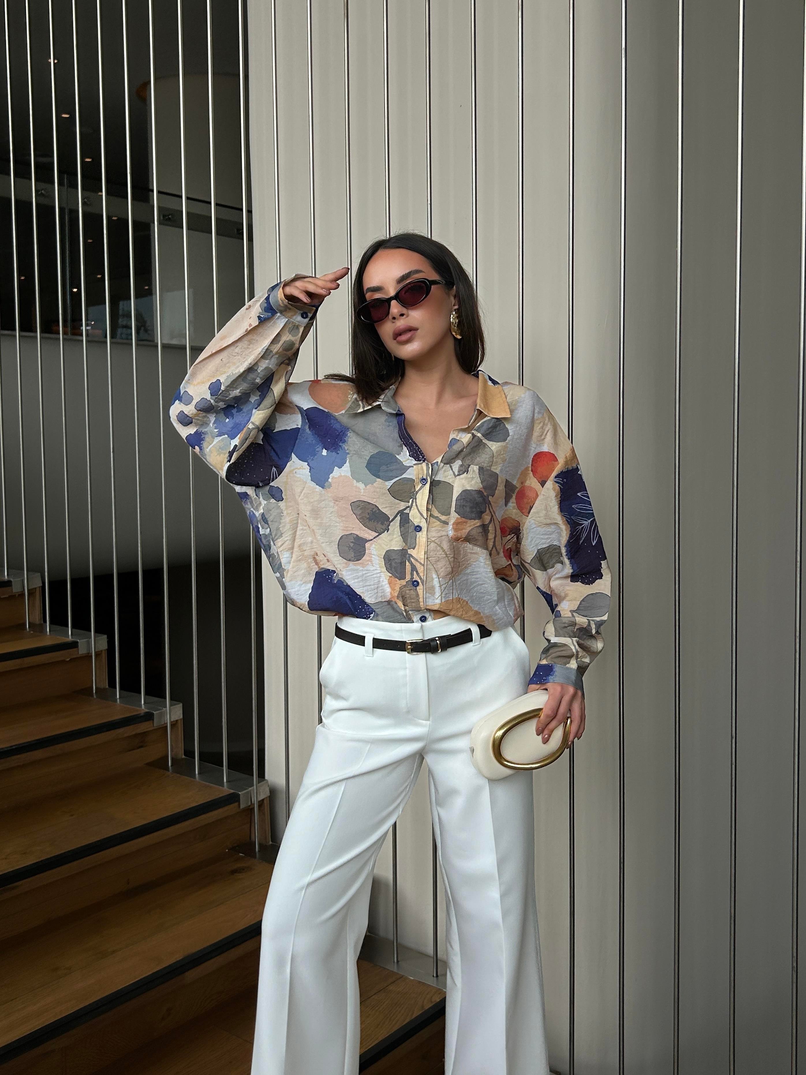 Kadın Mavi Mango Kumaş Desenli Cepli Oversize Gömlek 29084
