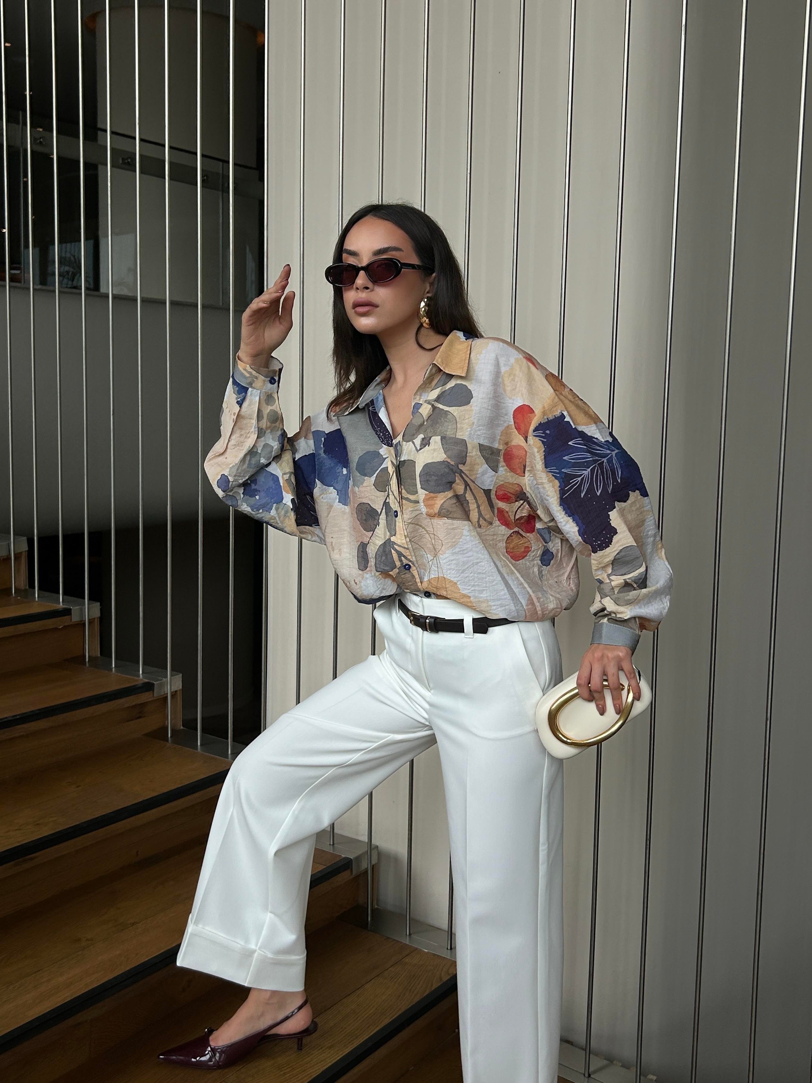 Kadın Mavi Mango Kumaş Desenli Cepli Oversize Gömlek 29084