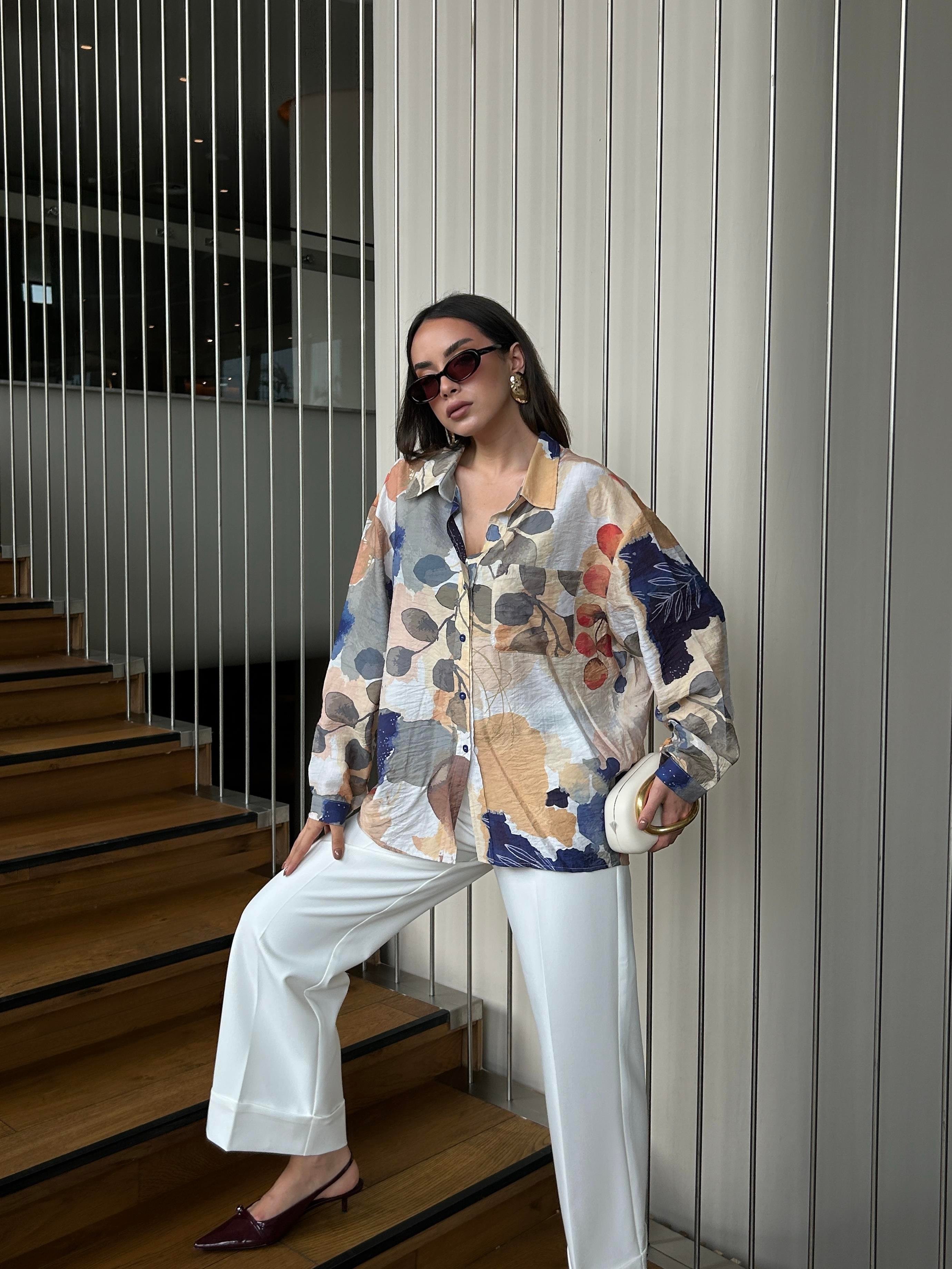 Kadın Mavi Mango Kumaş Desenli Cepli Oversize Gömlek 29084