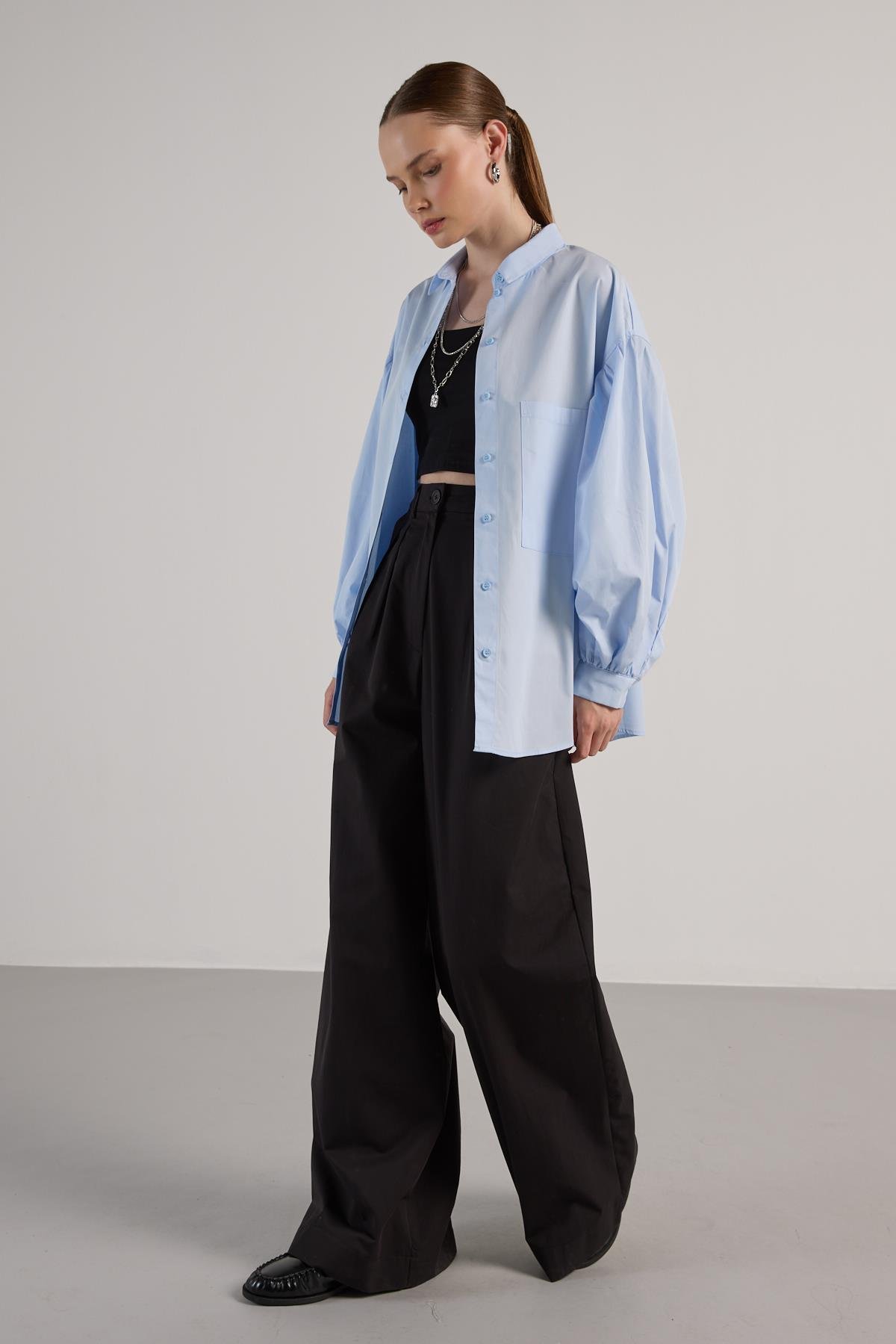 Kadın Mavi Pileli Cep Detaylı Oversize Gömlek 30062