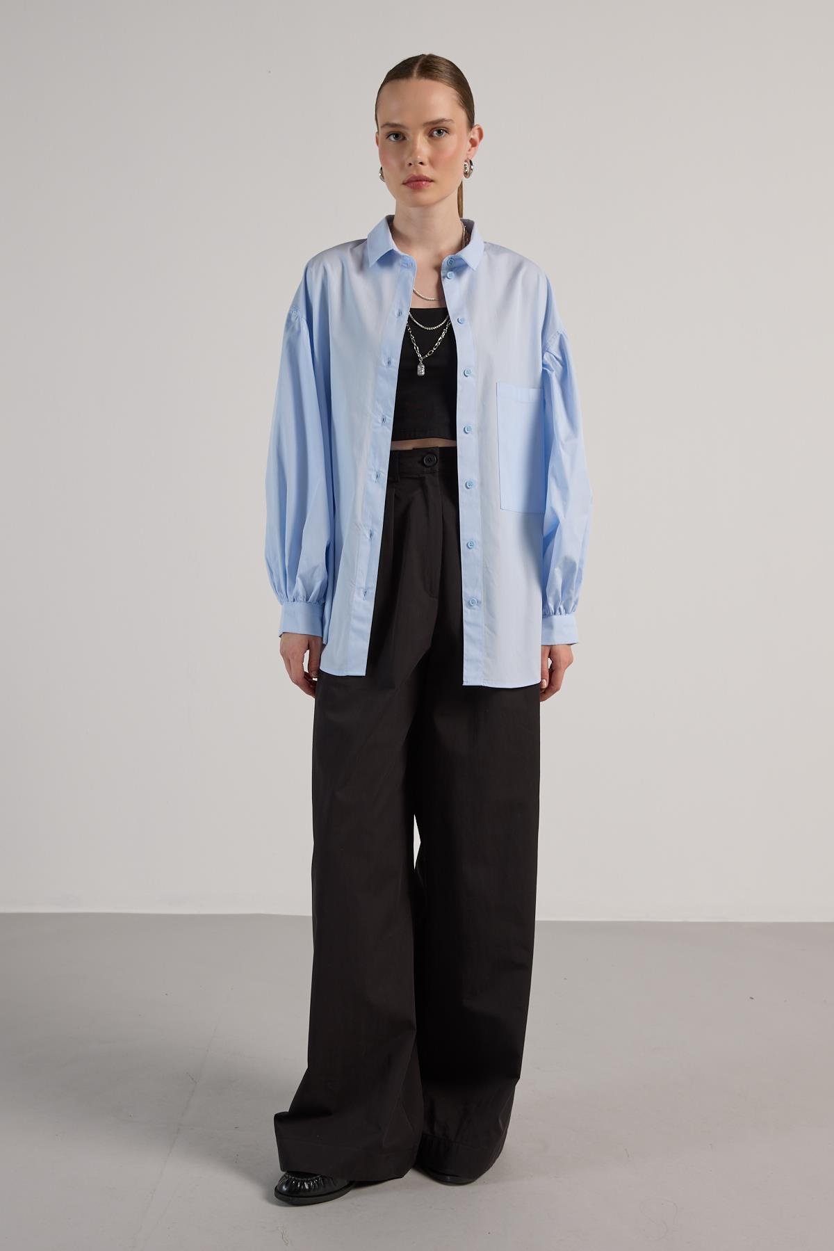 Kadın Mavi Pileli Cep Detaylı Oversize Gömlek 30062