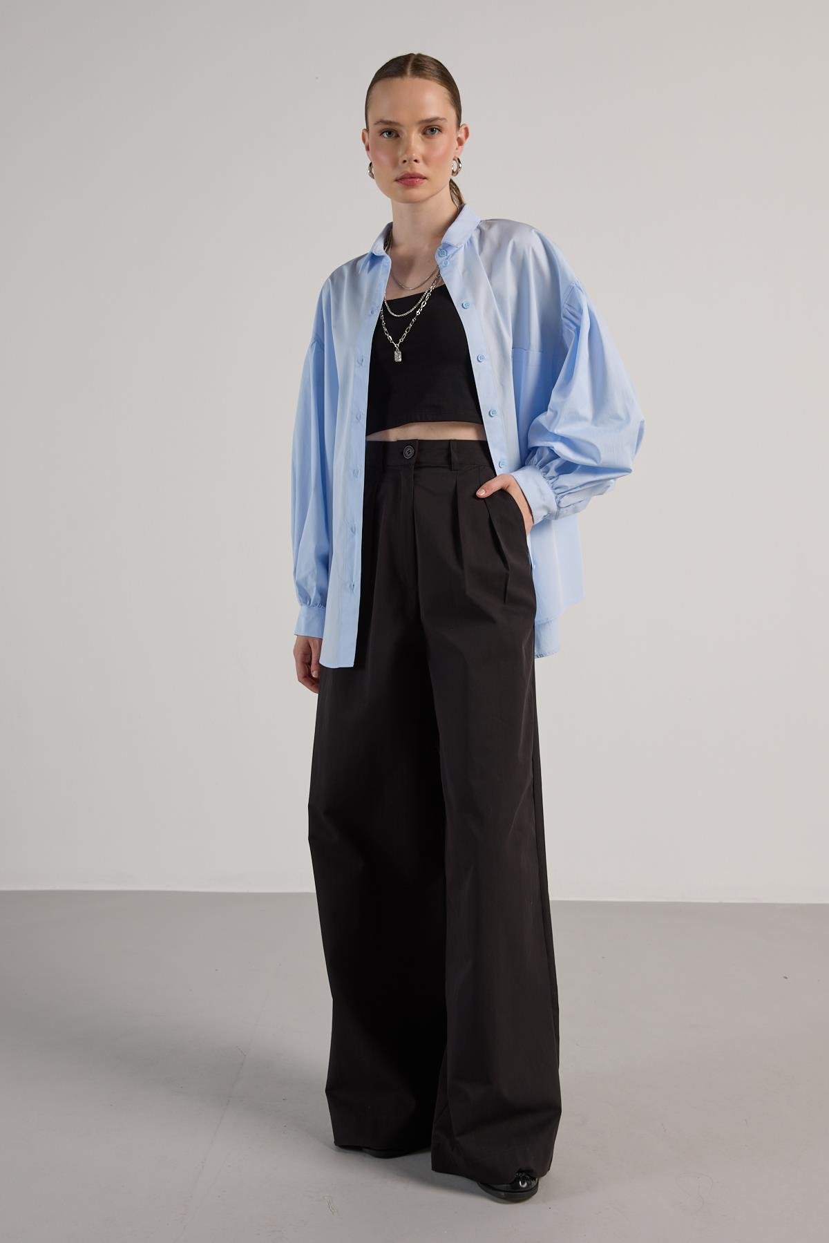 Kadın Mavi Pileli Cep Detaylı Oversize Gömlek 30062