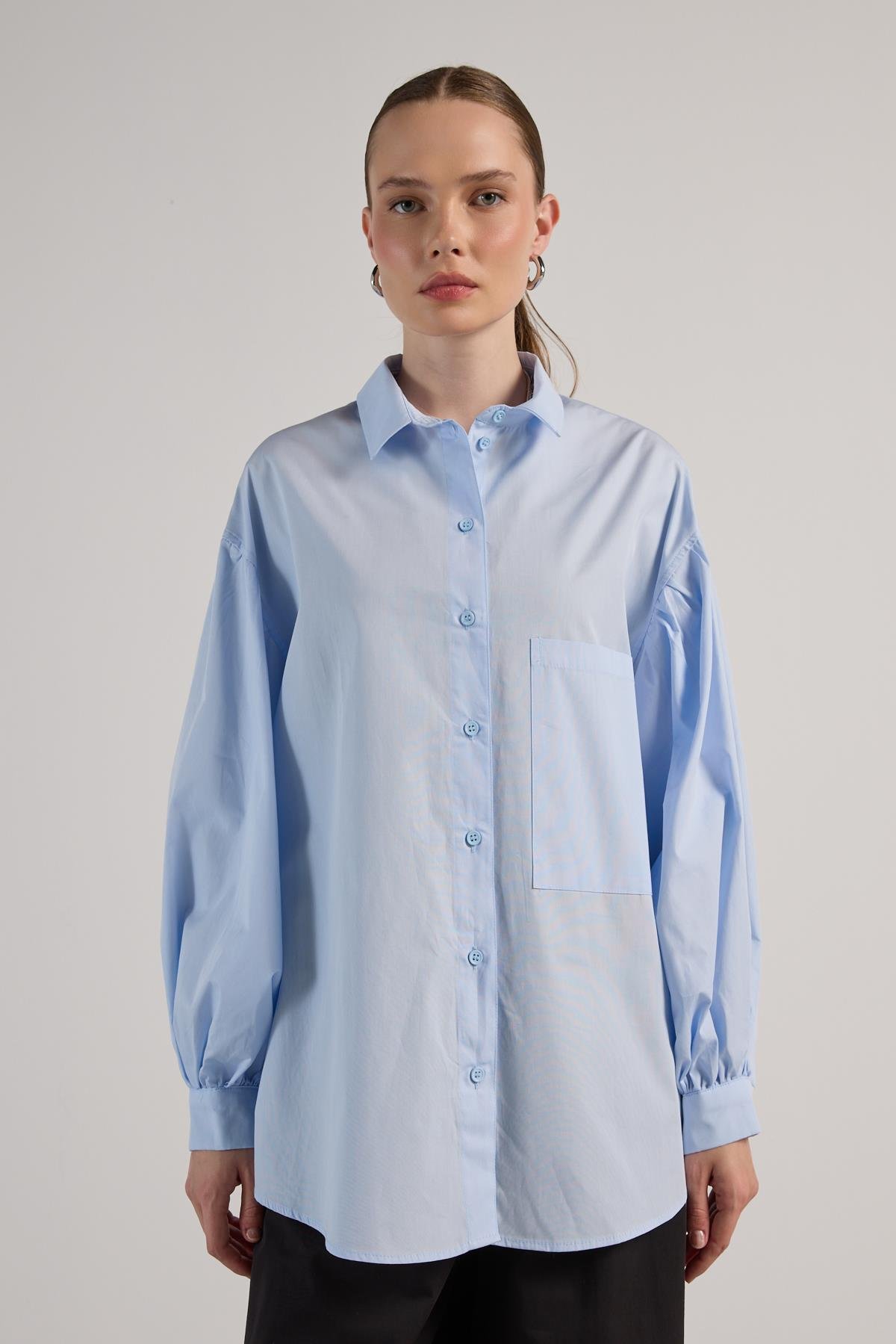 Kadın Mavi Pileli Cep Detaylı Oversize Gömlek 30062