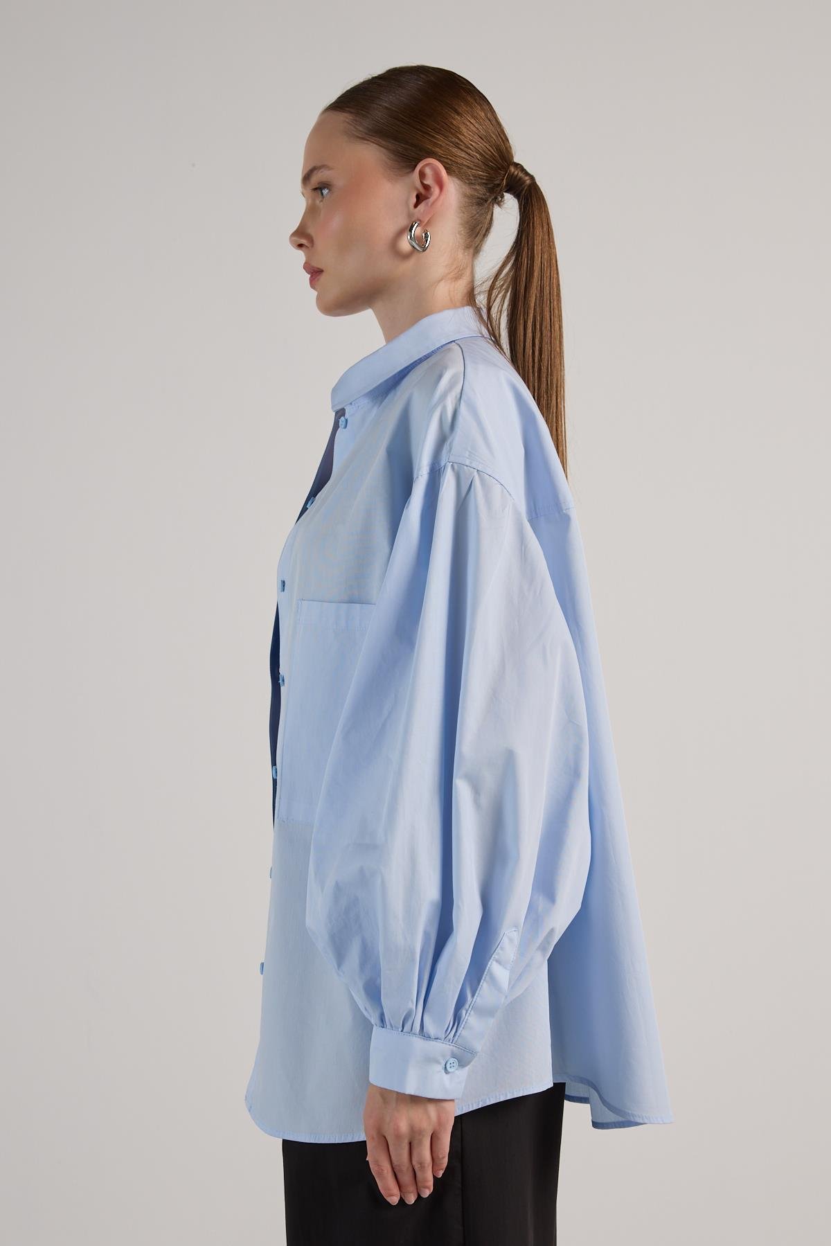 Kadın Mavi Pileli Cep Detaylı Oversize Gömlek 30062
