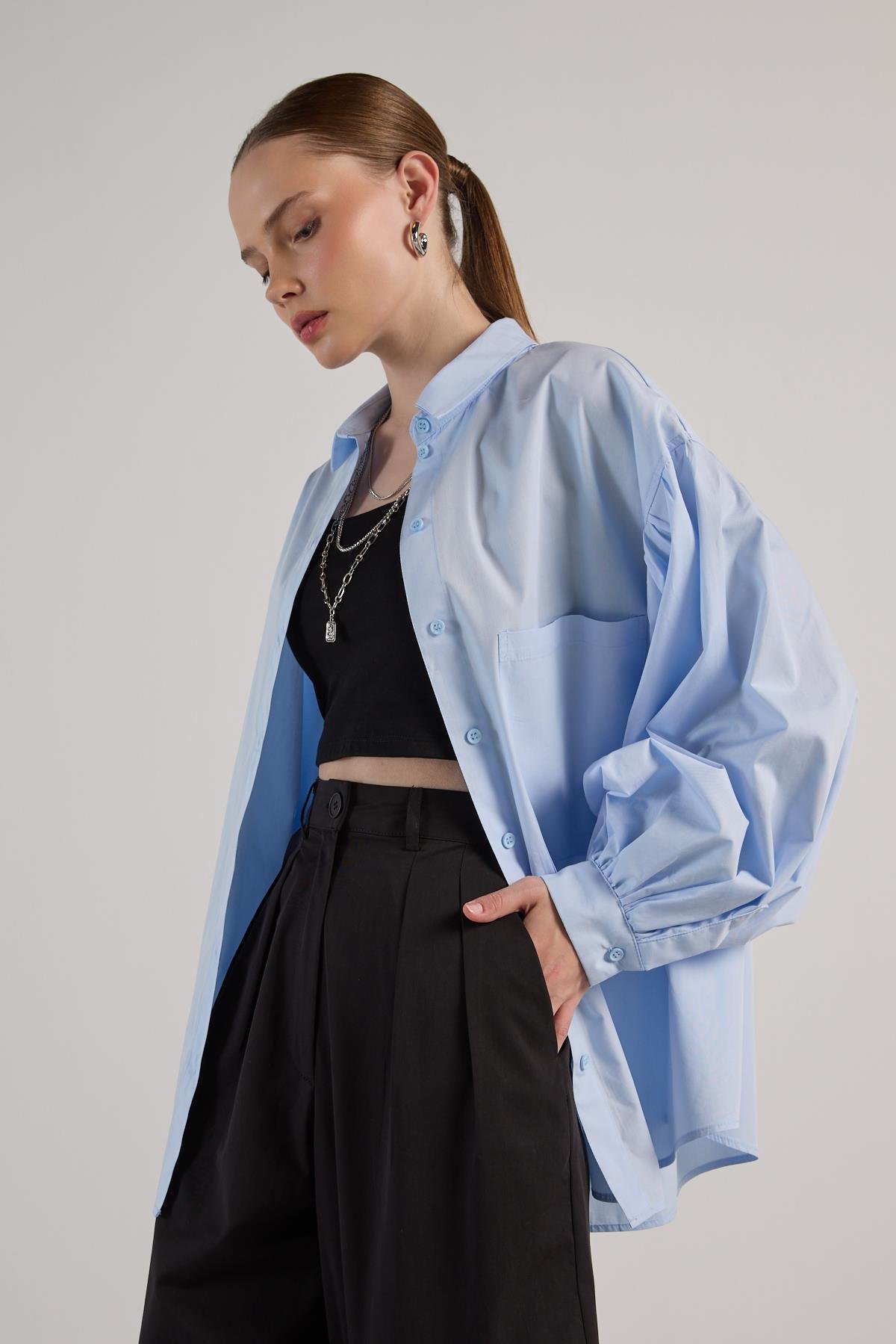 Kadın Mavi Pileli Cep Detaylı Oversize Gömlek 30062