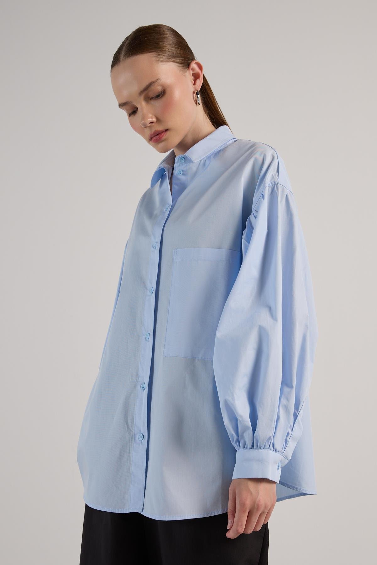 Kadın Mavi Pileli Cep Detaylı Oversize Gömlek 30062