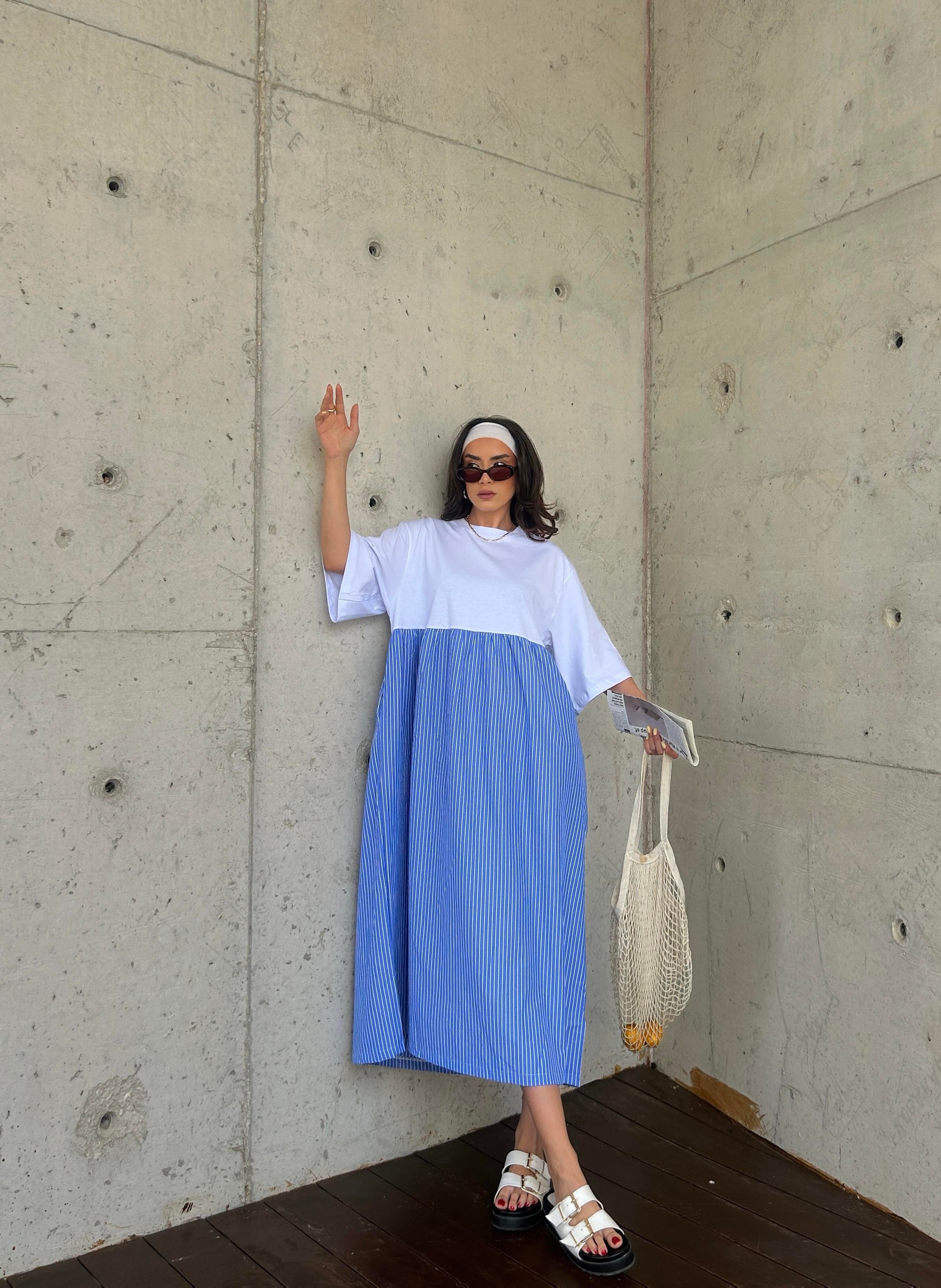 Kadın Mavi Üstü Penye Altı Çizgili Dokuma Kumaş Uzun Oversize Elbise 29169