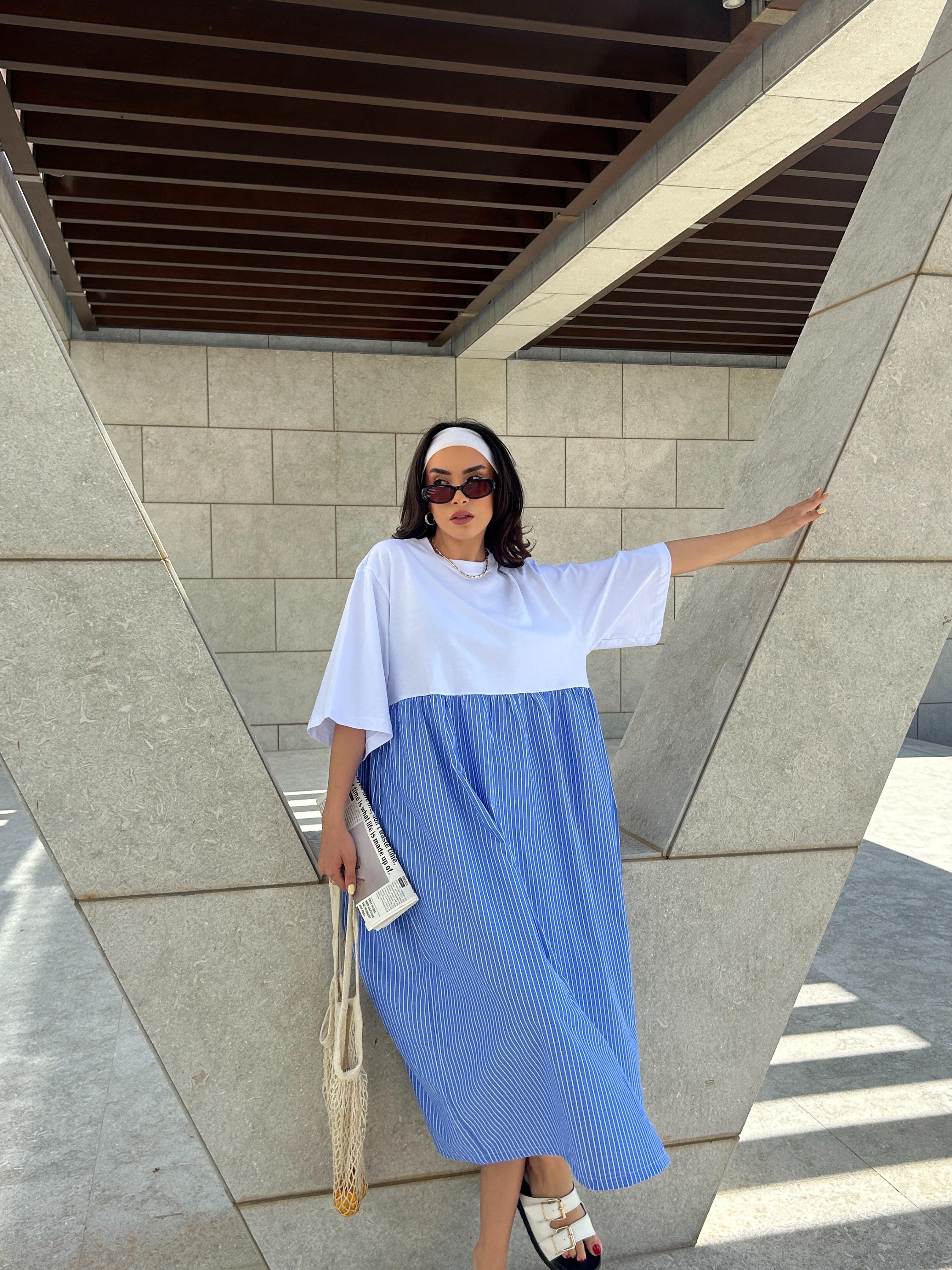 Kadın Mavi Üstü Penye Altı Çizgili Dokuma Kumaş Uzun Oversize Elbise 29169