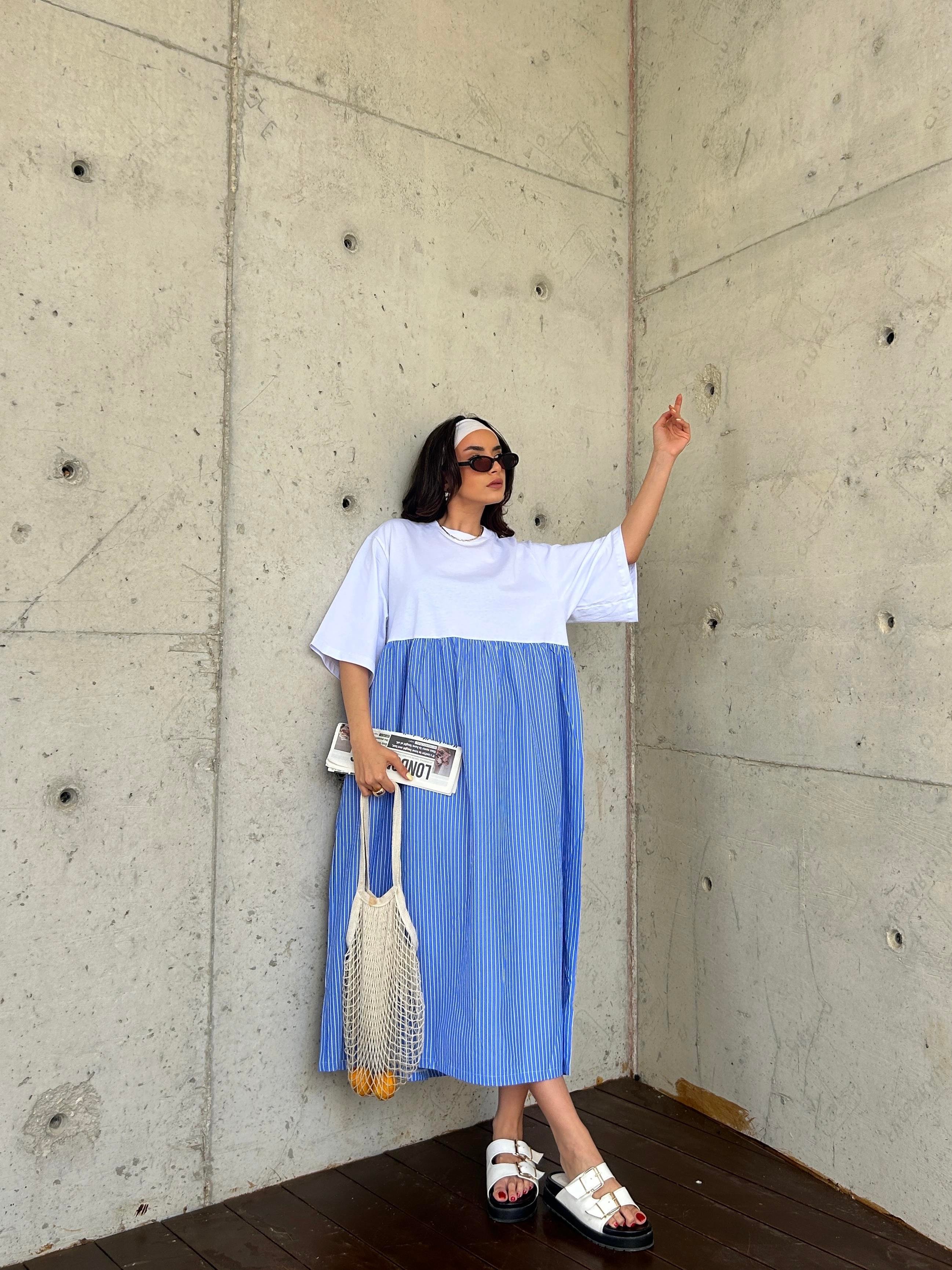 Kadın Mavi Üstü Penye Altı Çizgili Dokuma Kumaş Uzun Oversize Elbise 29169