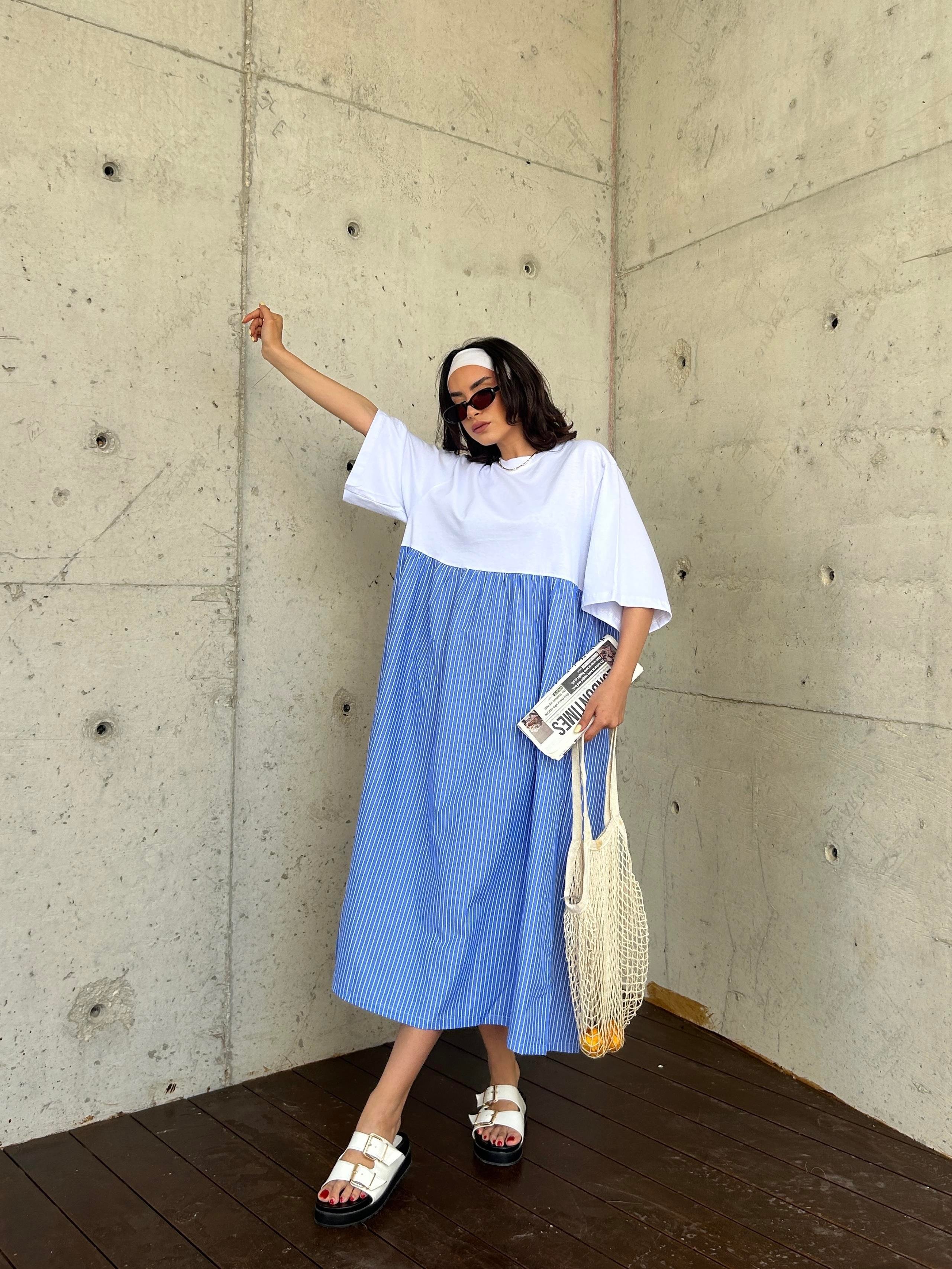 Kadın Mavi Üstü Penye Altı Çizgili Dokuma Kumaş Uzun Oversize Elbise 29169