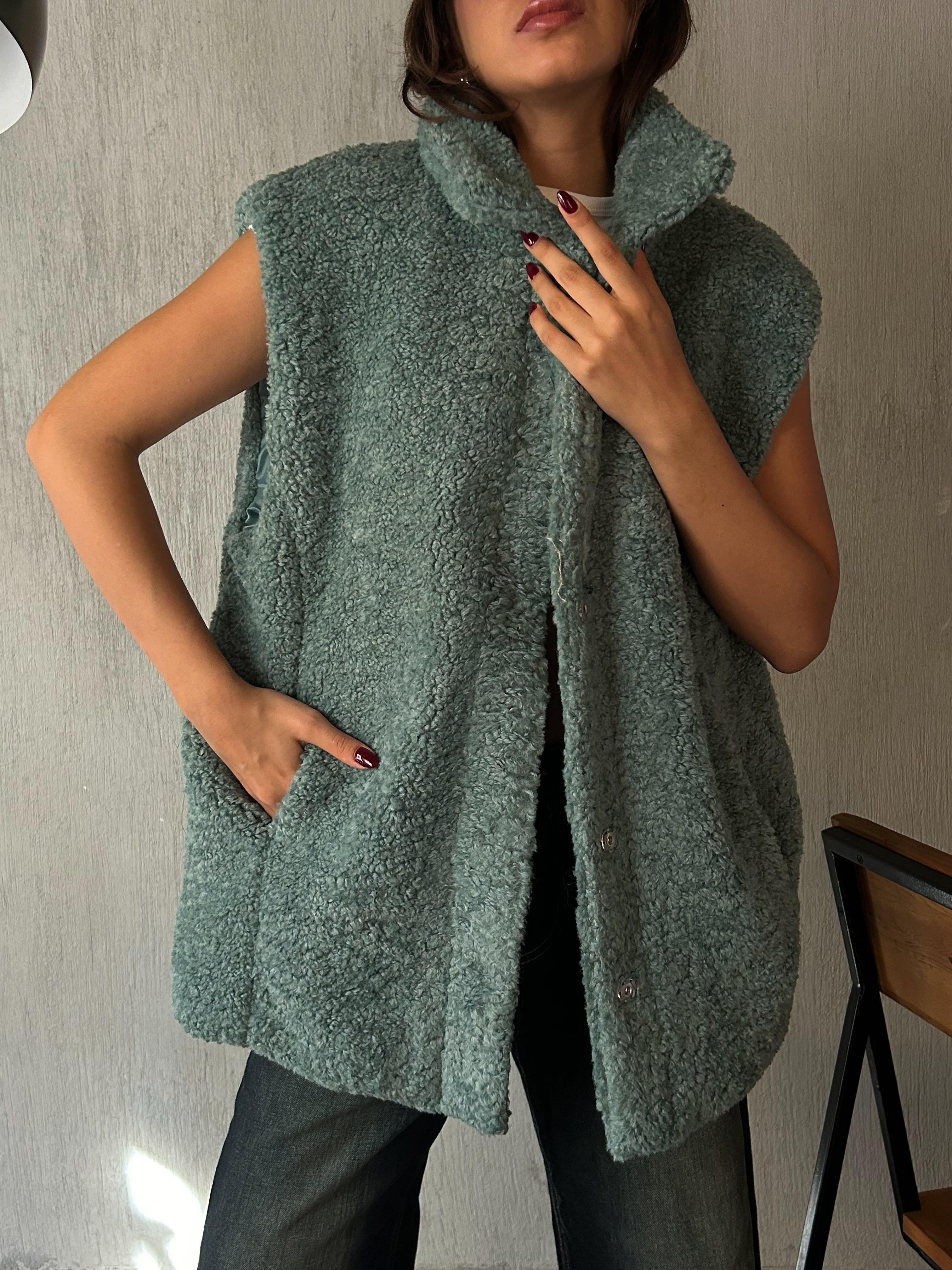 Kadın Mint Yeşili Gizli Çıtçıt Detaylı Astarlı Peluş Yelek 28267