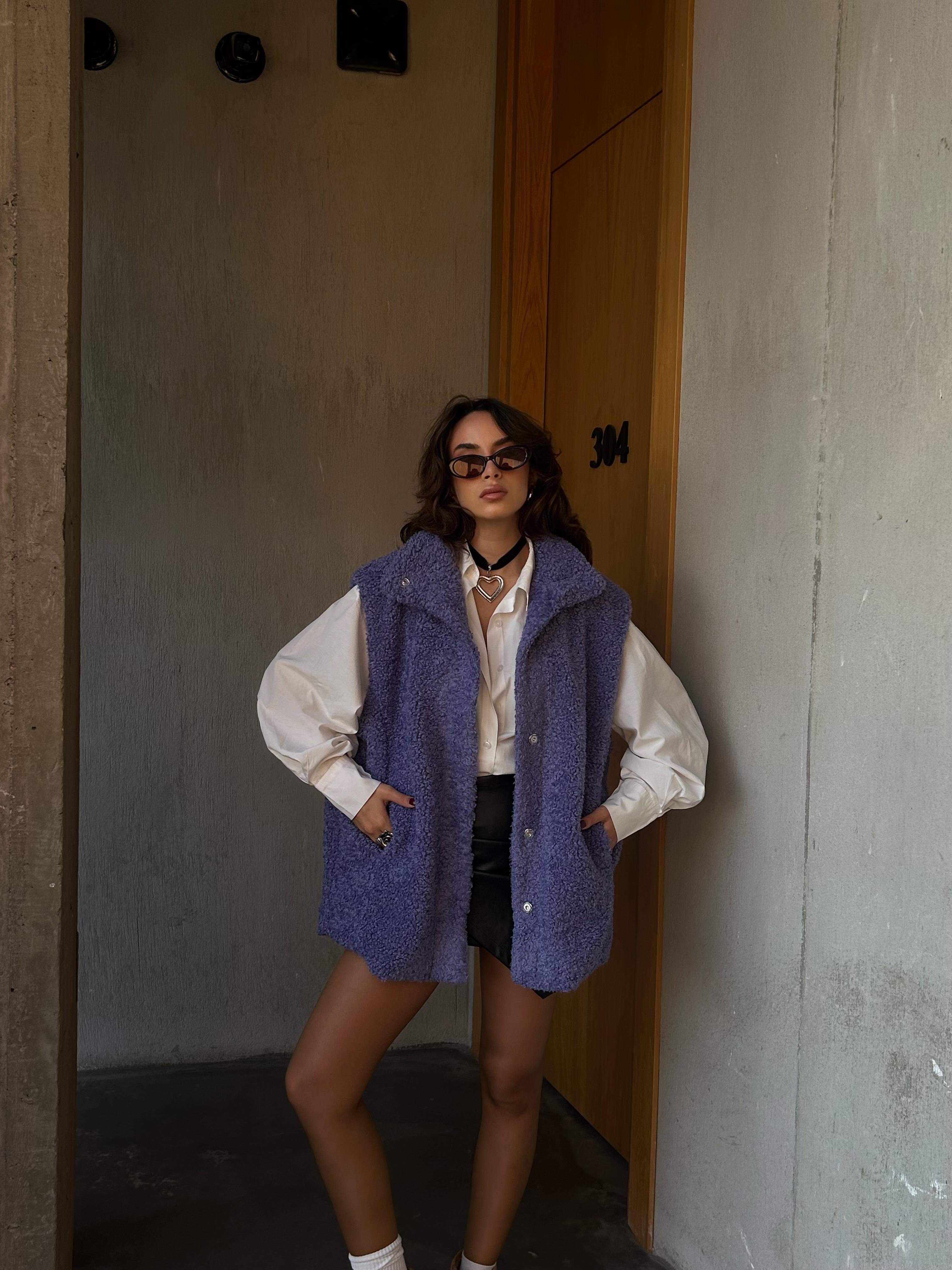 Kadın Mor Gizli Çıtçıt Detaylı Astarlı Peluş Yelek 28267