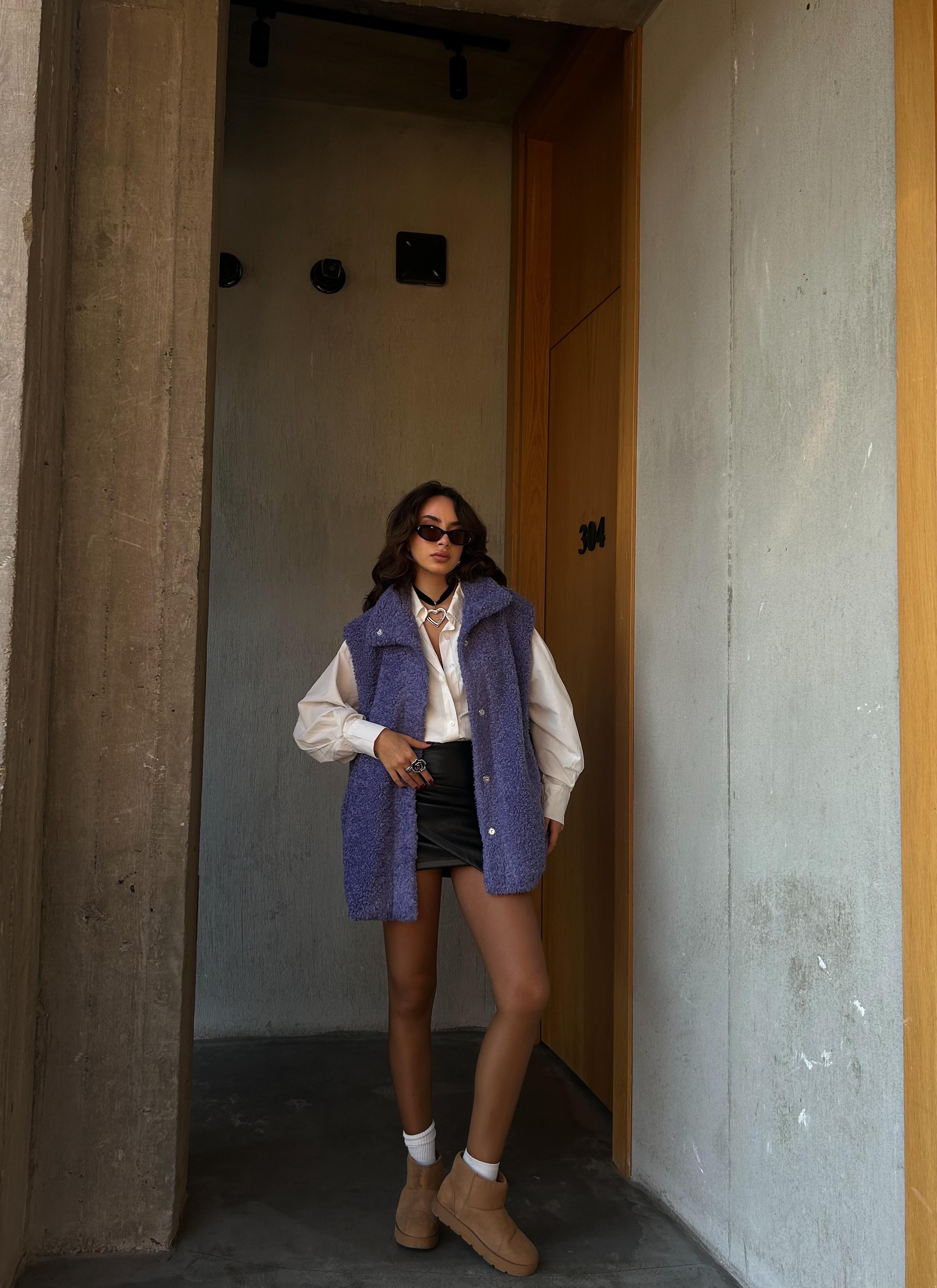 Kadın Mor Gizli Çıtçıt Detaylı Astarlı Peluş Yelek 28267