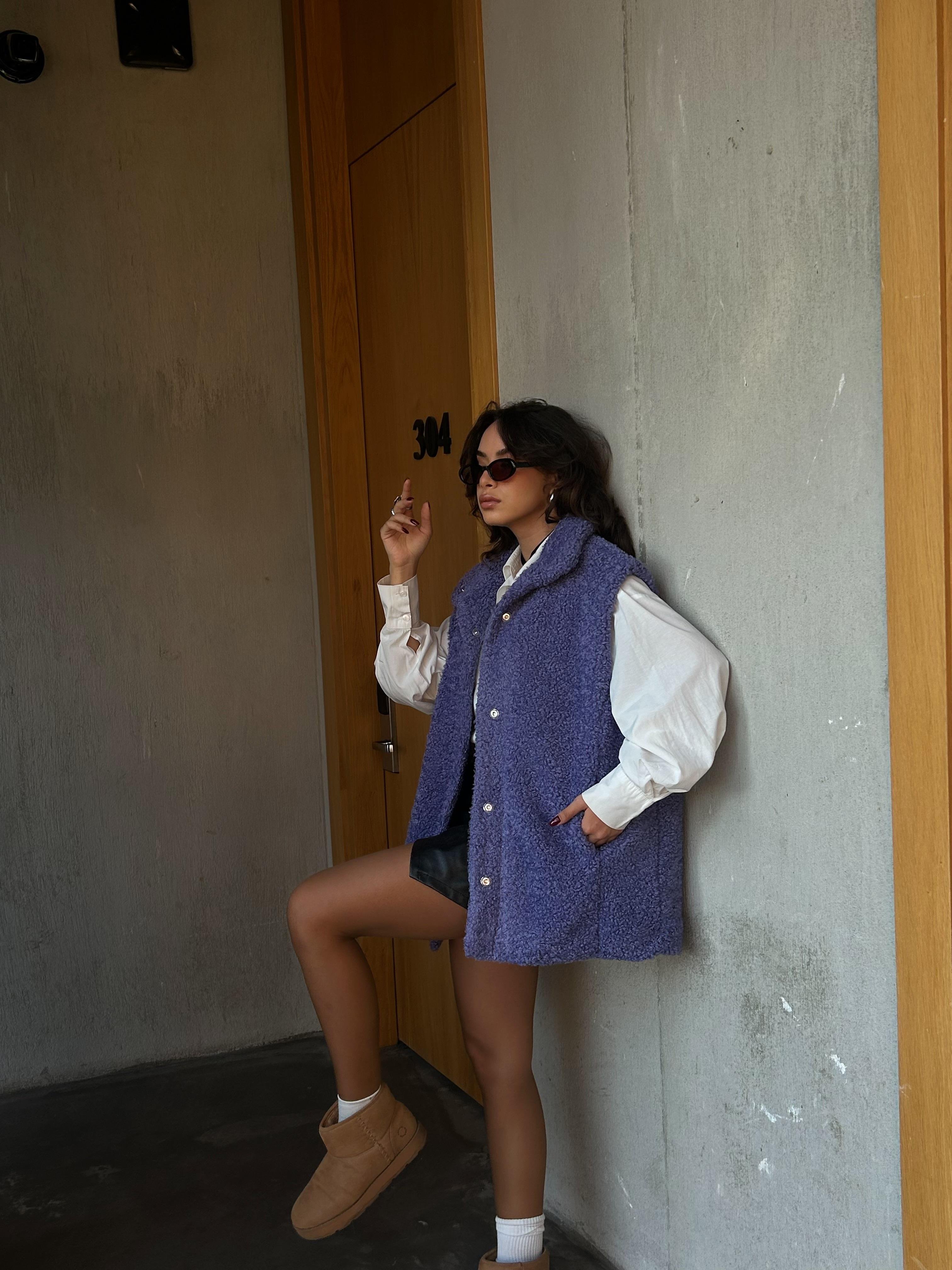 Kadın Mor Gizli Çıtçıt Detaylı Astarlı Peluş Yelek 28267