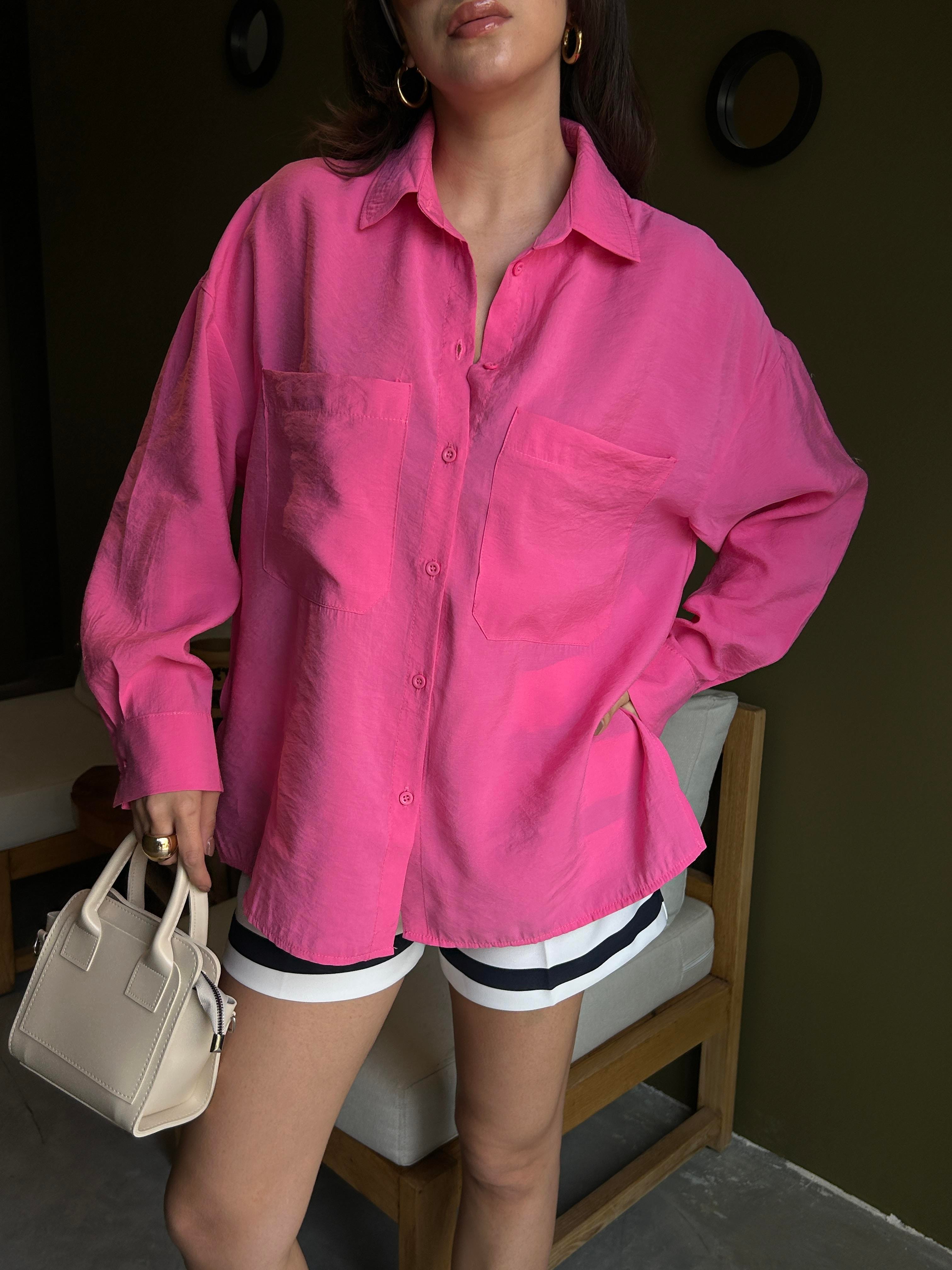 Kadın Pembe %100 Modal Kumaş Cep Detaylı Oversize Uzun Gömlek 29108