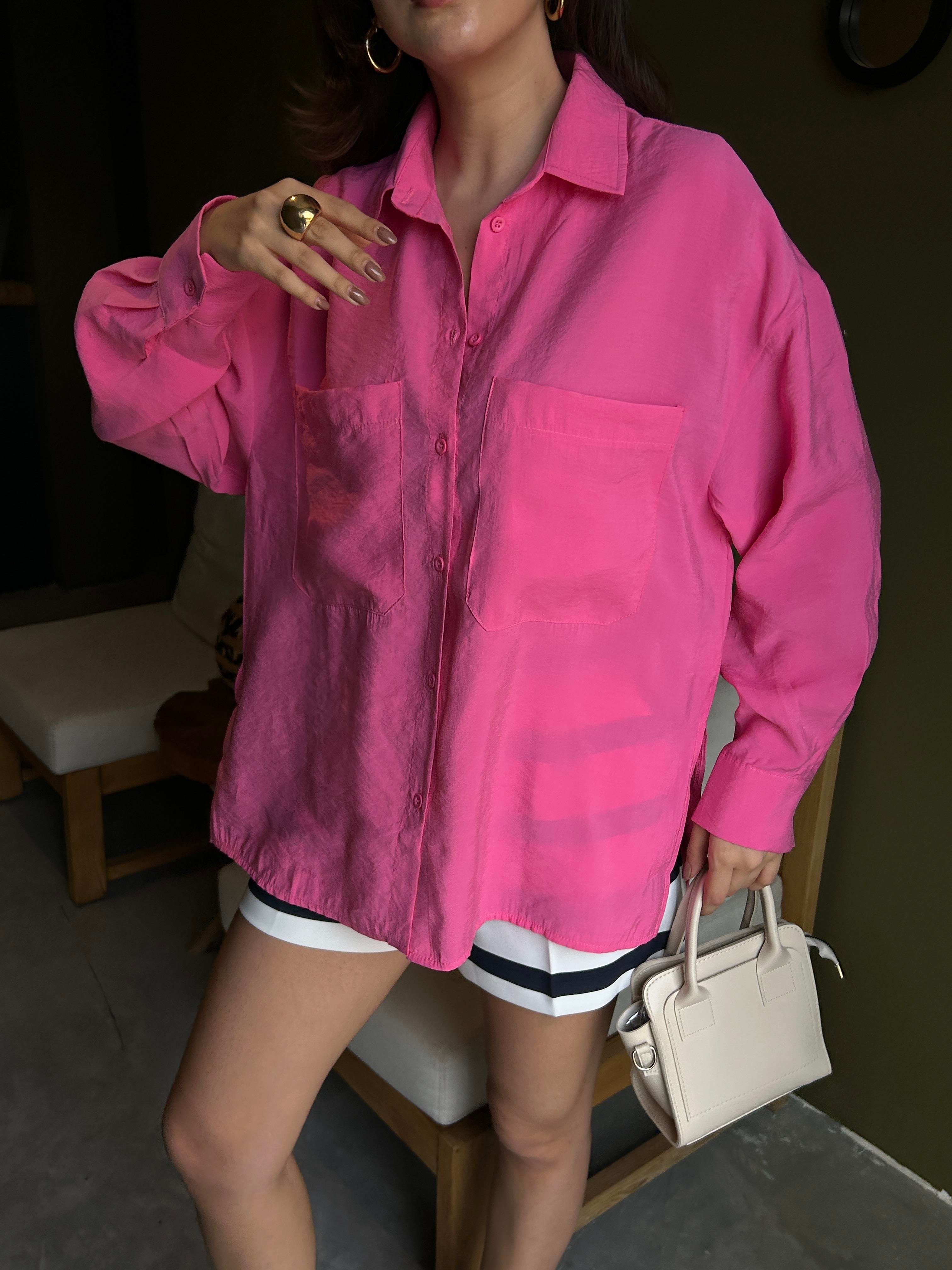 Kadın Pembe %100 Modal Kumaş Cep Detaylı Oversize Uzun Gömlek 29108