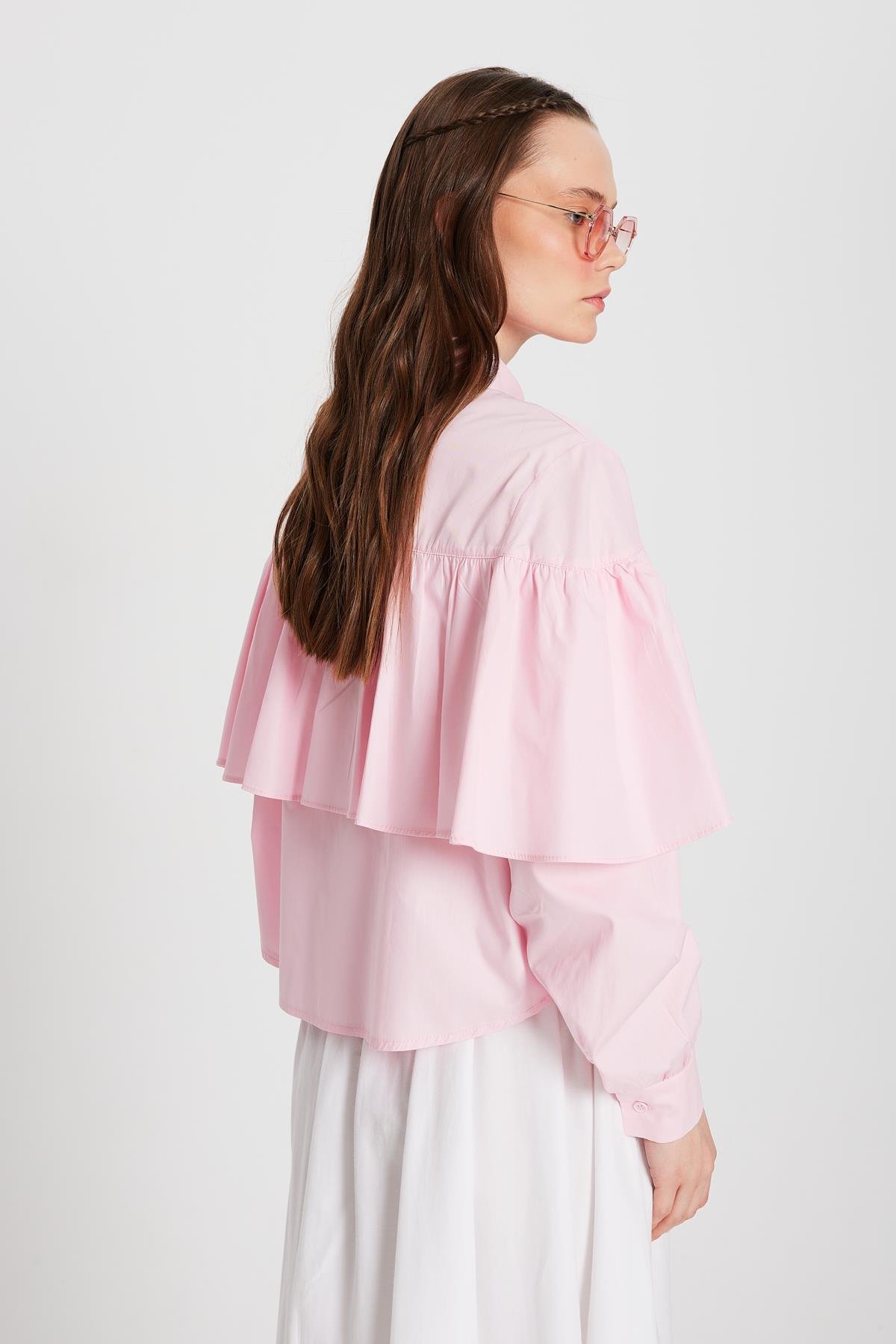 Kadın Pembe Fırfırlı Pamuk Kumaş Geniş Kesim Gömlek 29136