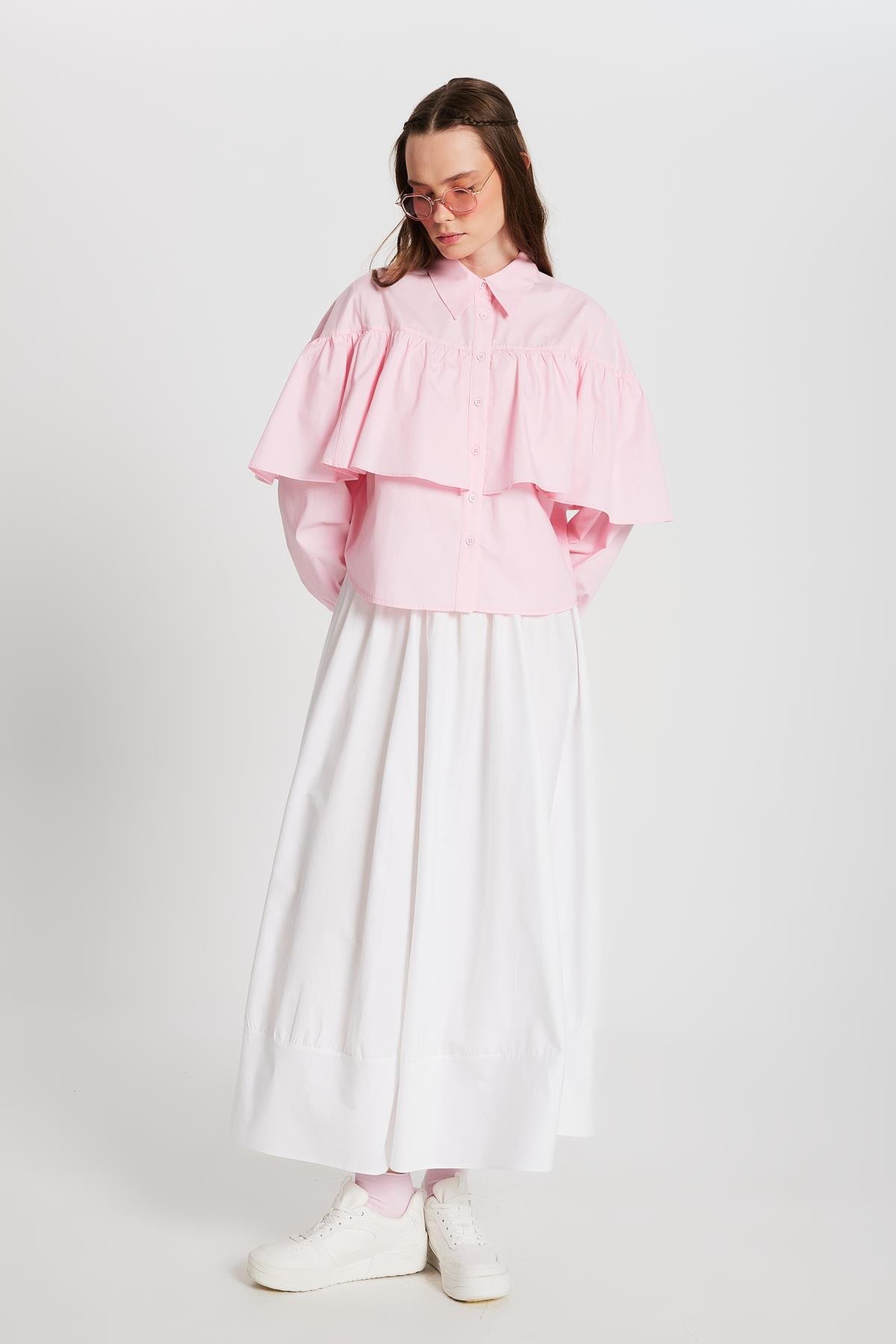 Kadın Pembe Fırfırlı Pamuk Kumaş Geniş Kesim Gömlek 29136