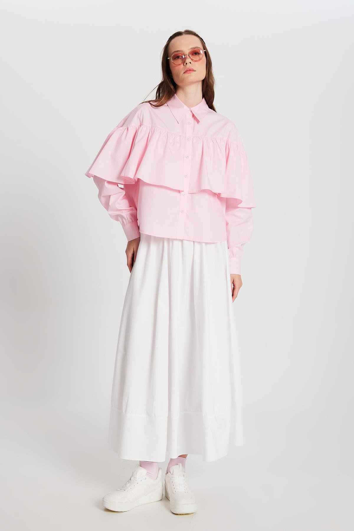 Kadın Pembe Fırfırlı Pamuk Kumaş Geniş Kesim Gömlek 29136