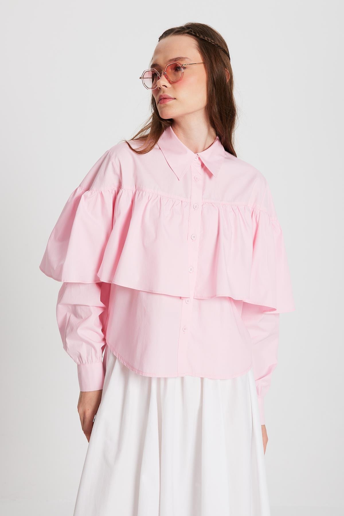 Kadın Pembe Fırfırlı Pamuk Kumaş Geniş Kesim Gömlek 29136