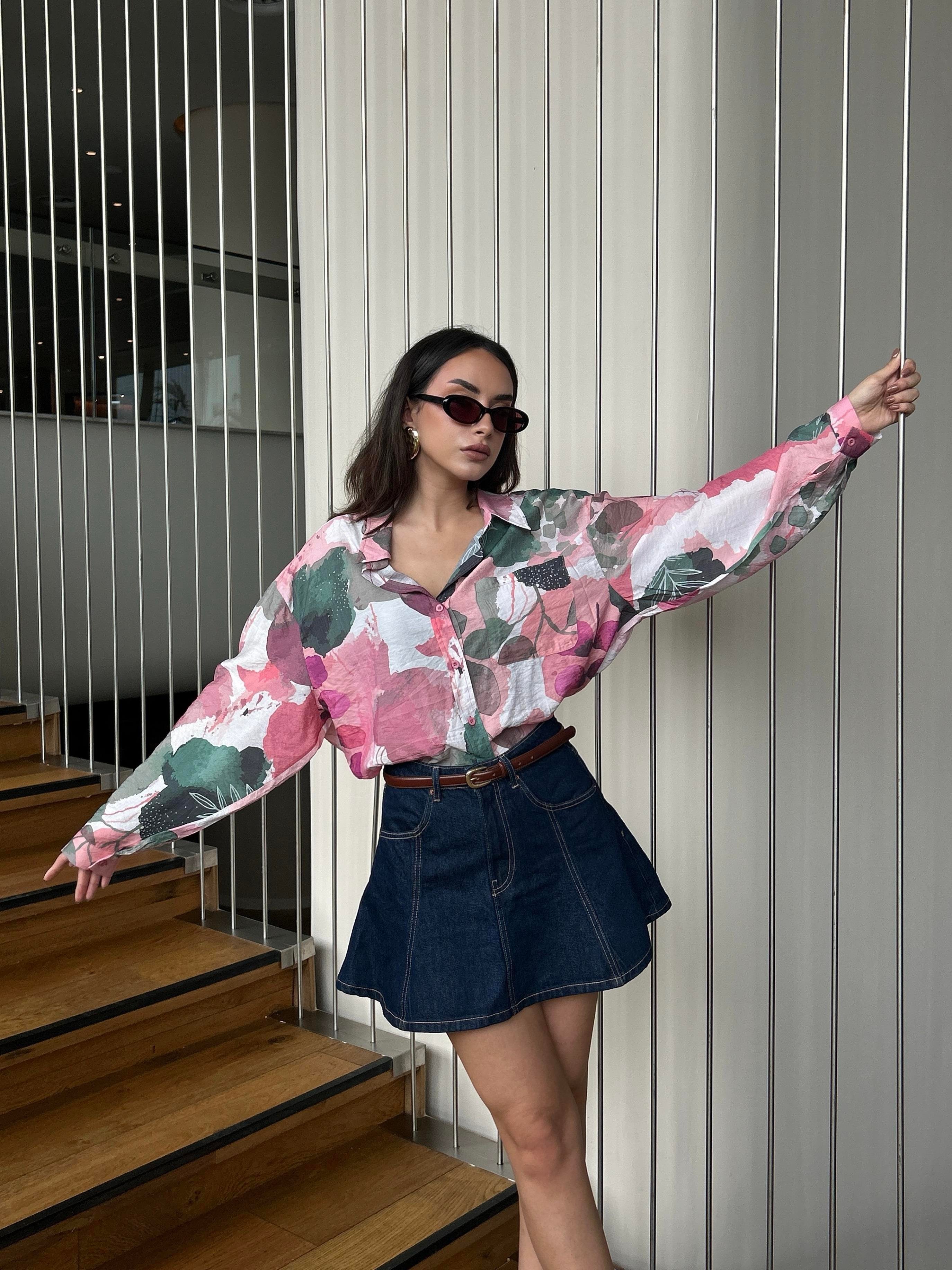 Kadın Pembe Mango Kumaş Desenli Cepli Oversize Gömlek 29084
