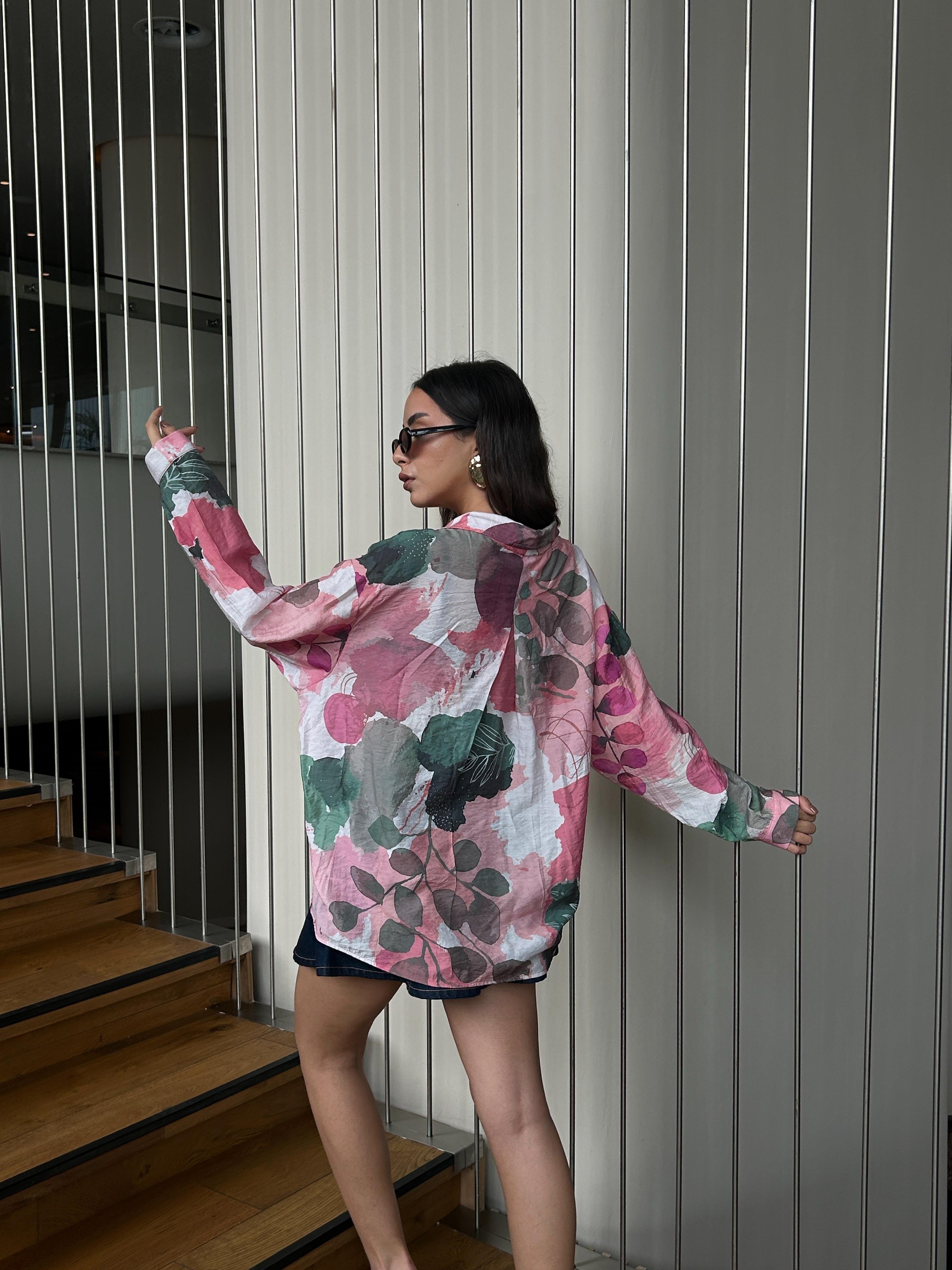 Kadın Pembe Mango Kumaş Desenli Cepli Oversize Gömlek 29084