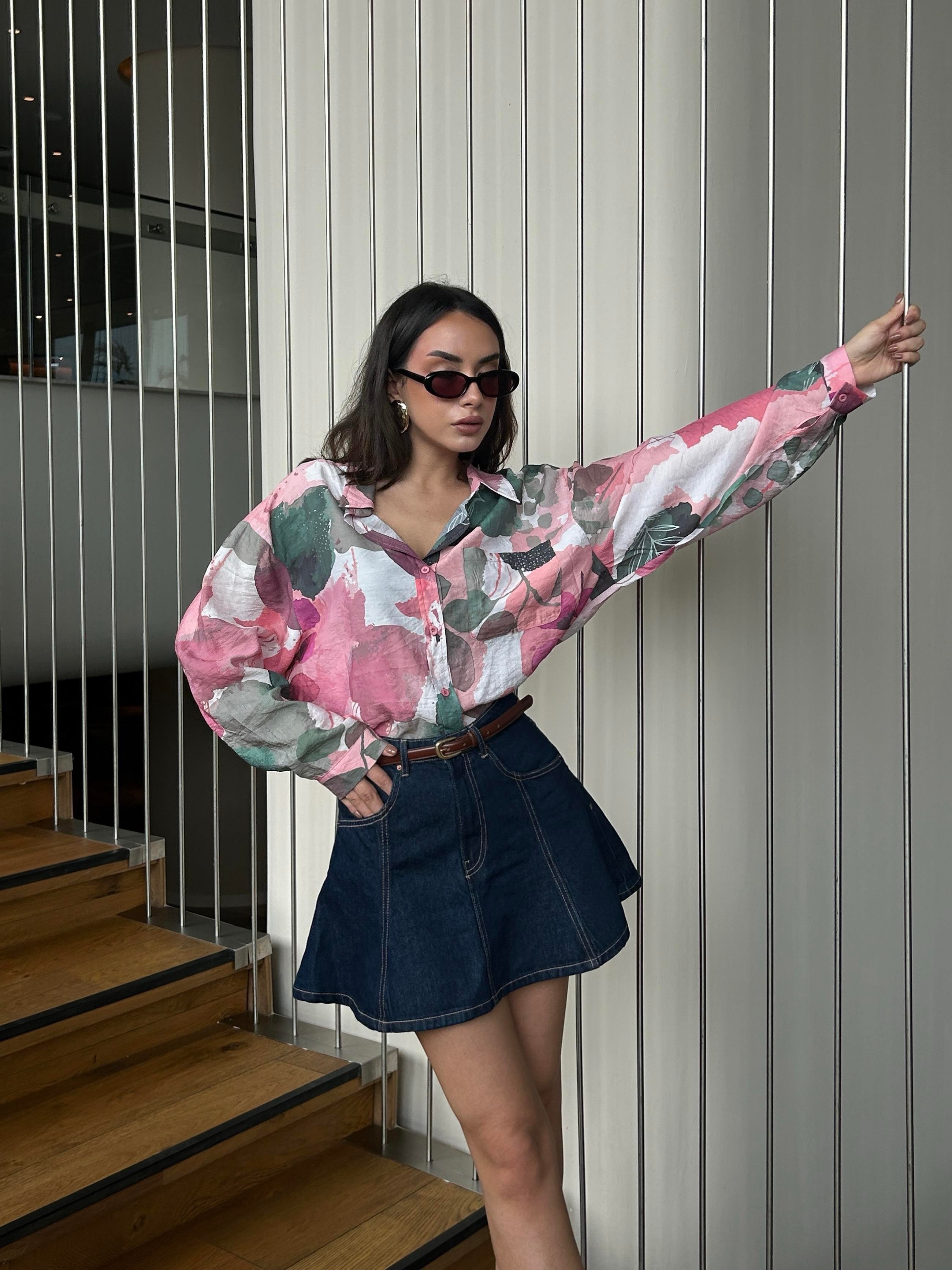 Kadın Pembe Mango Kumaş Desenli Cepli Oversize Gömlek 29084