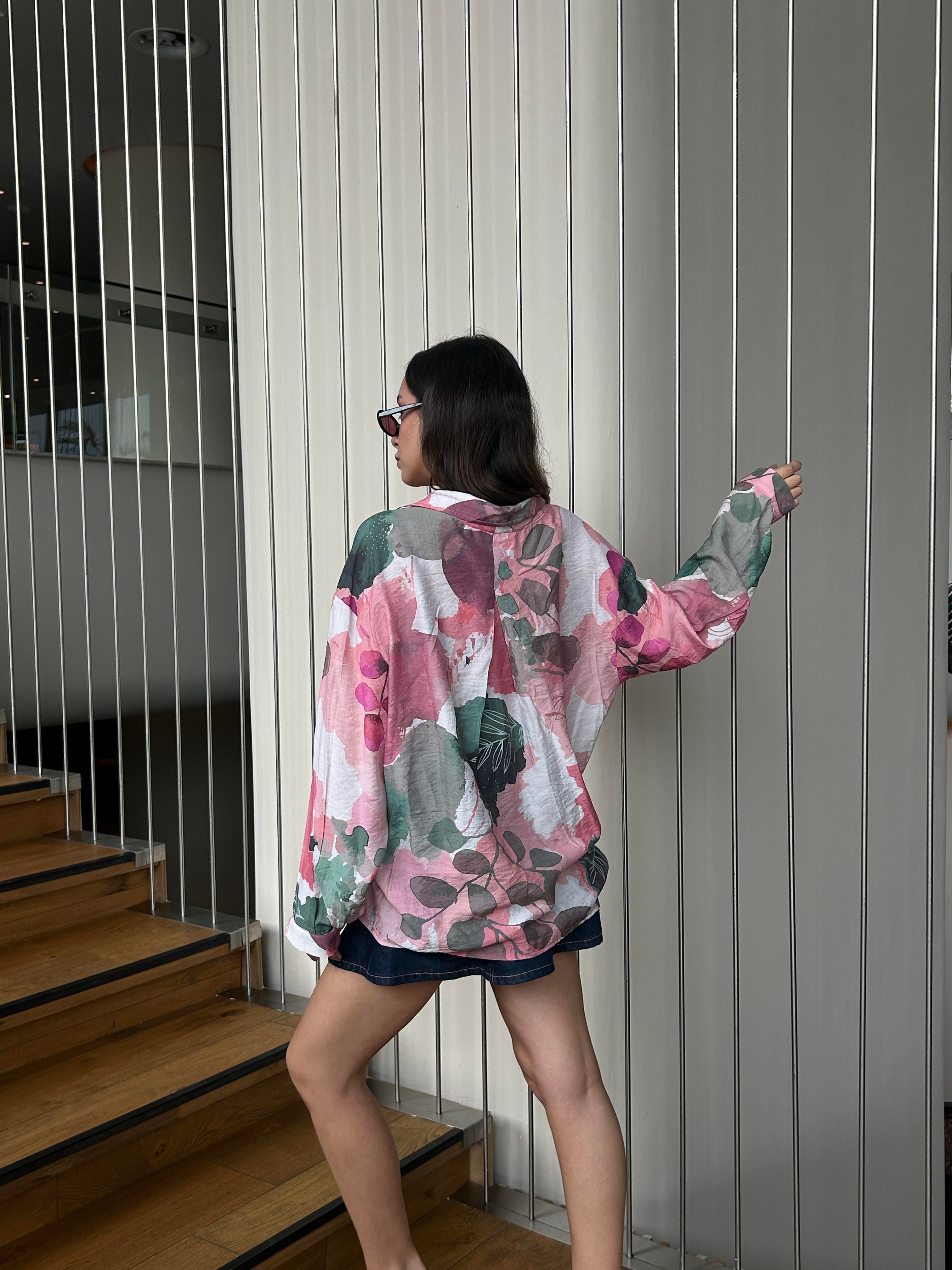 Kadın Pembe Mango Kumaş Desenli Cepli Oversize Gömlek 29084
