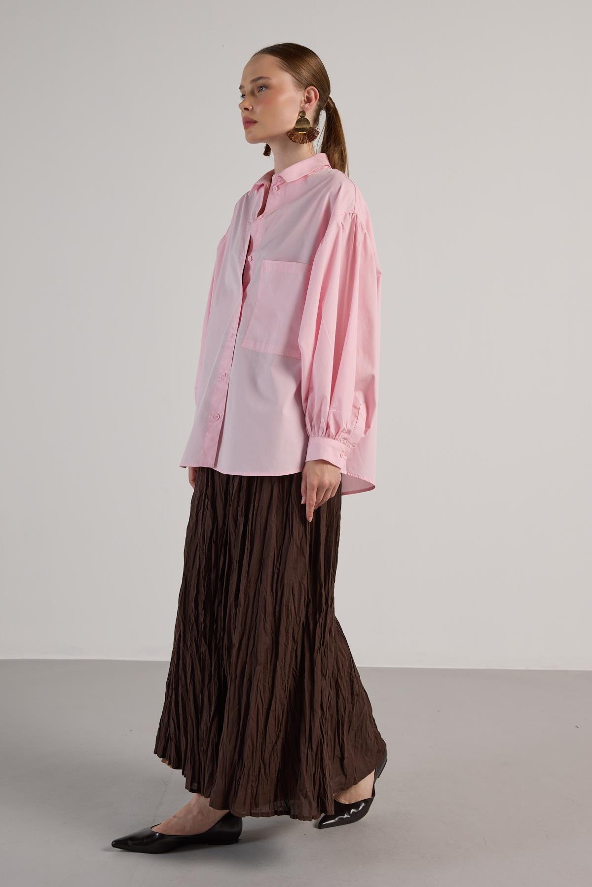 Kadın Pembe Pileli Cep Detaylı Oversize Gömlek 30062