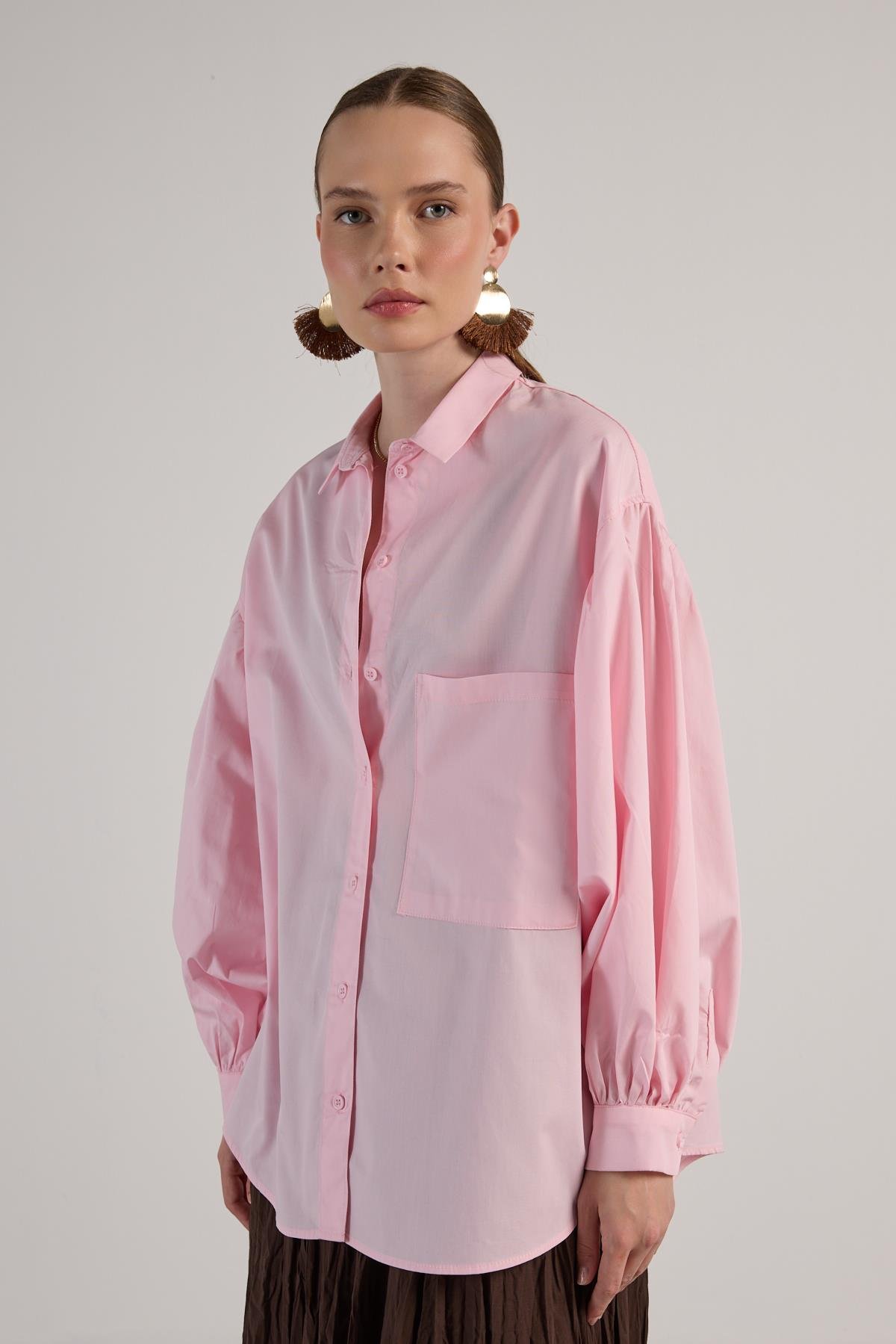 Kadın Pembe Pileli Cep Detaylı Oversize Gömlek 30062