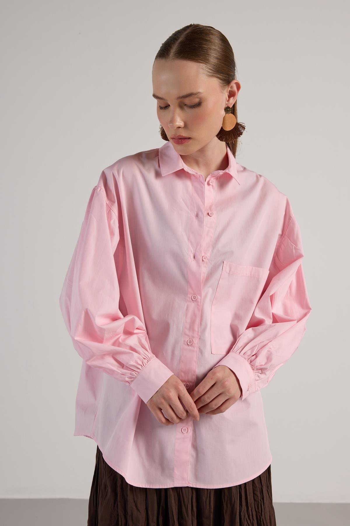 Kadın Pembe Pileli Cep Detaylı Oversize Gömlek 30062