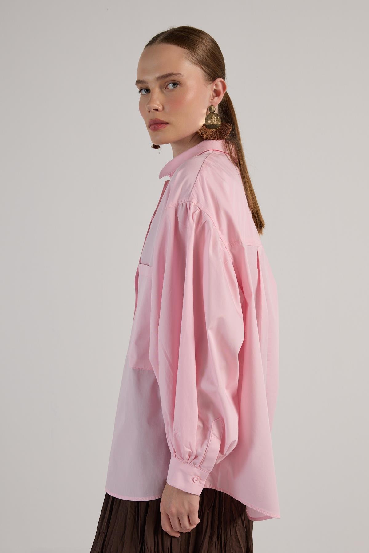 Kadın Pembe Pileli Cep Detaylı Oversize Gömlek 30062