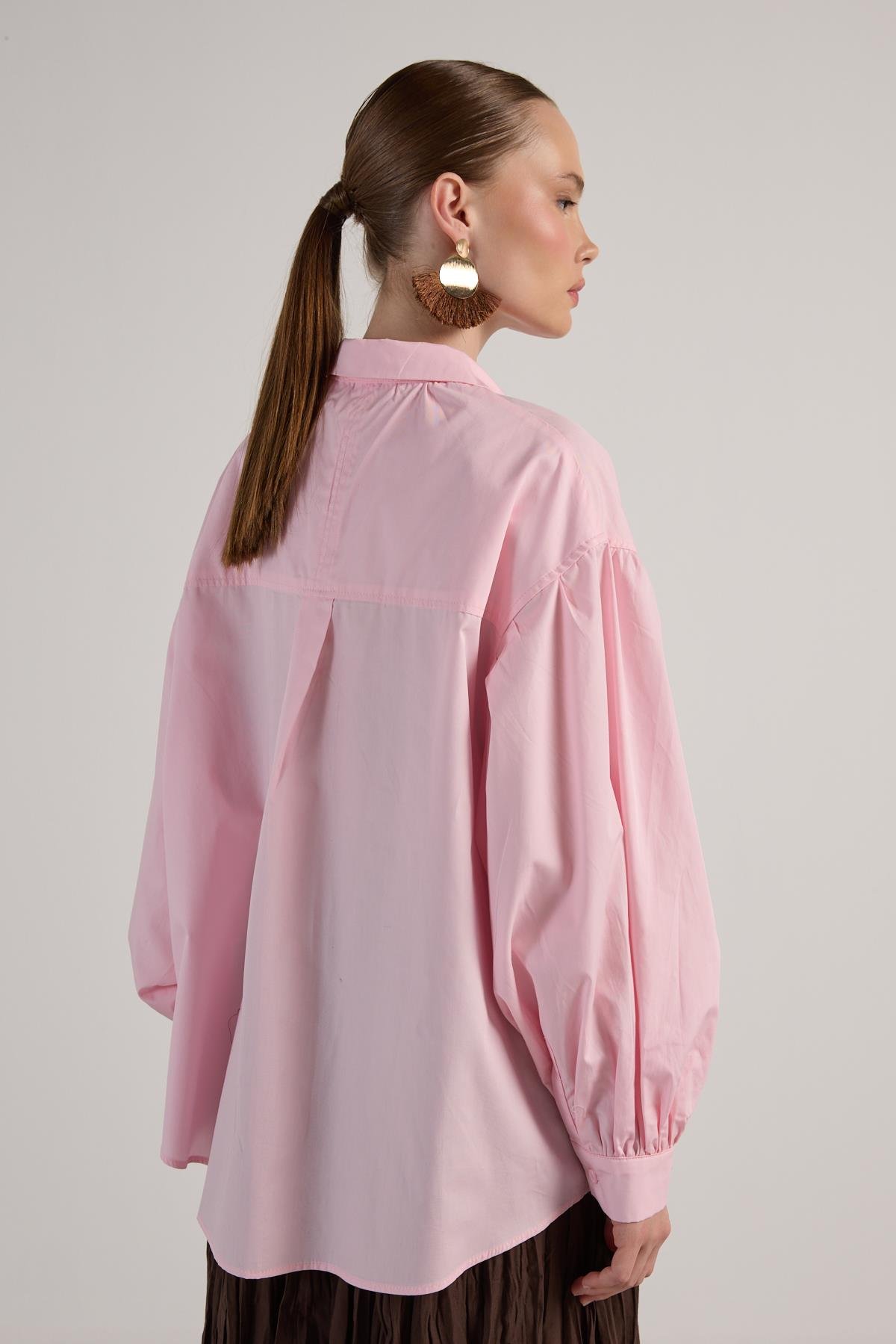 Kadın Pembe Pileli Cep Detaylı Oversize Gömlek 30062