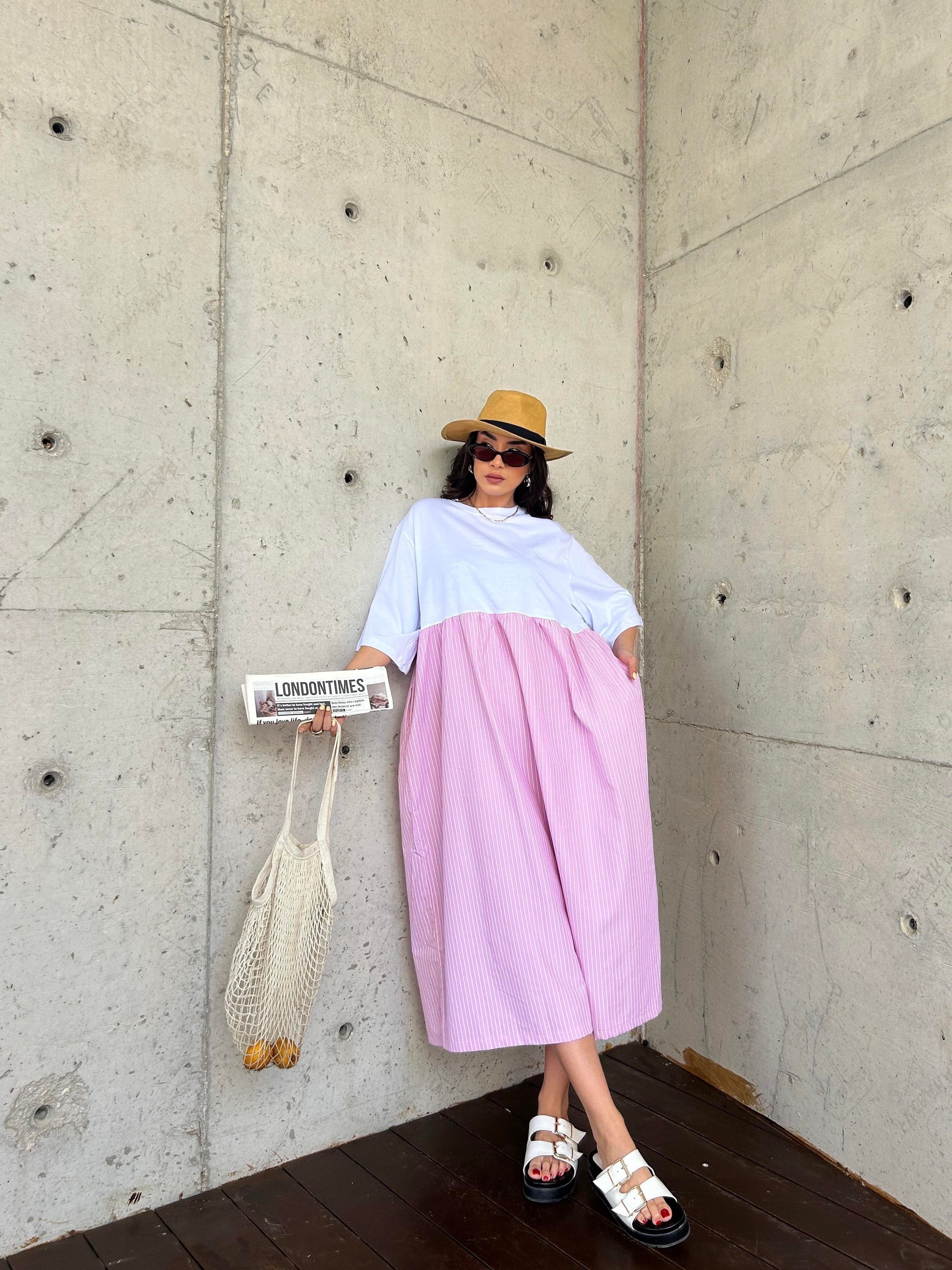 Kadın Pembe Üstü Penye Altı Çizgili Dokuma Kumaş Uzun Oversize Elbise 29169