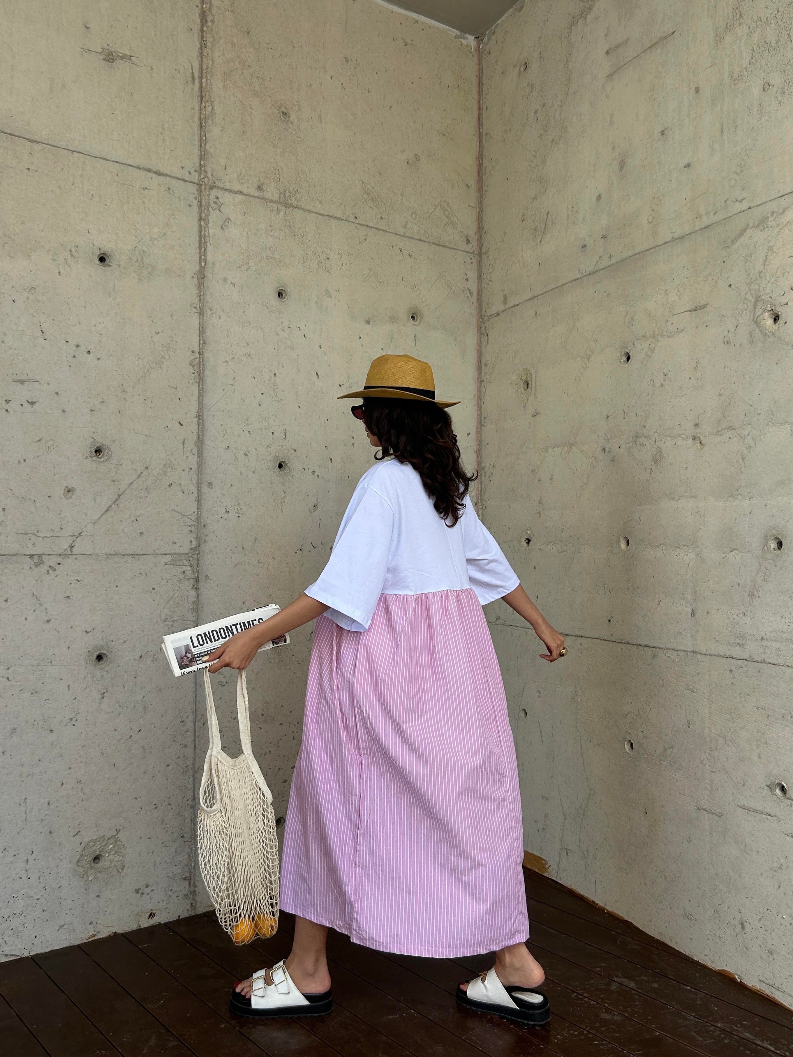 Kadın Pembe Üstü Penye Altı Çizgili Dokuma Kumaş Uzun Oversize Elbise 29169