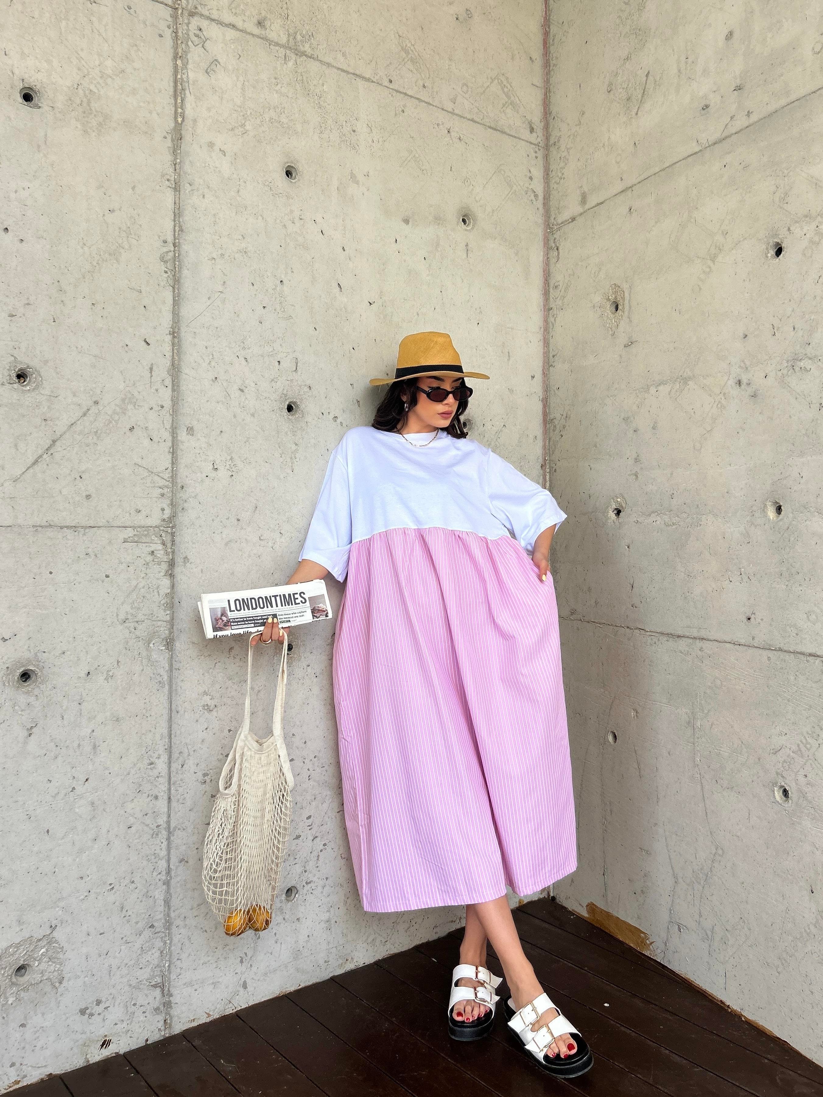 Kadın Pembe Üstü Penye Altı Çizgili Dokuma Kumaş Uzun Oversize Elbise 29169