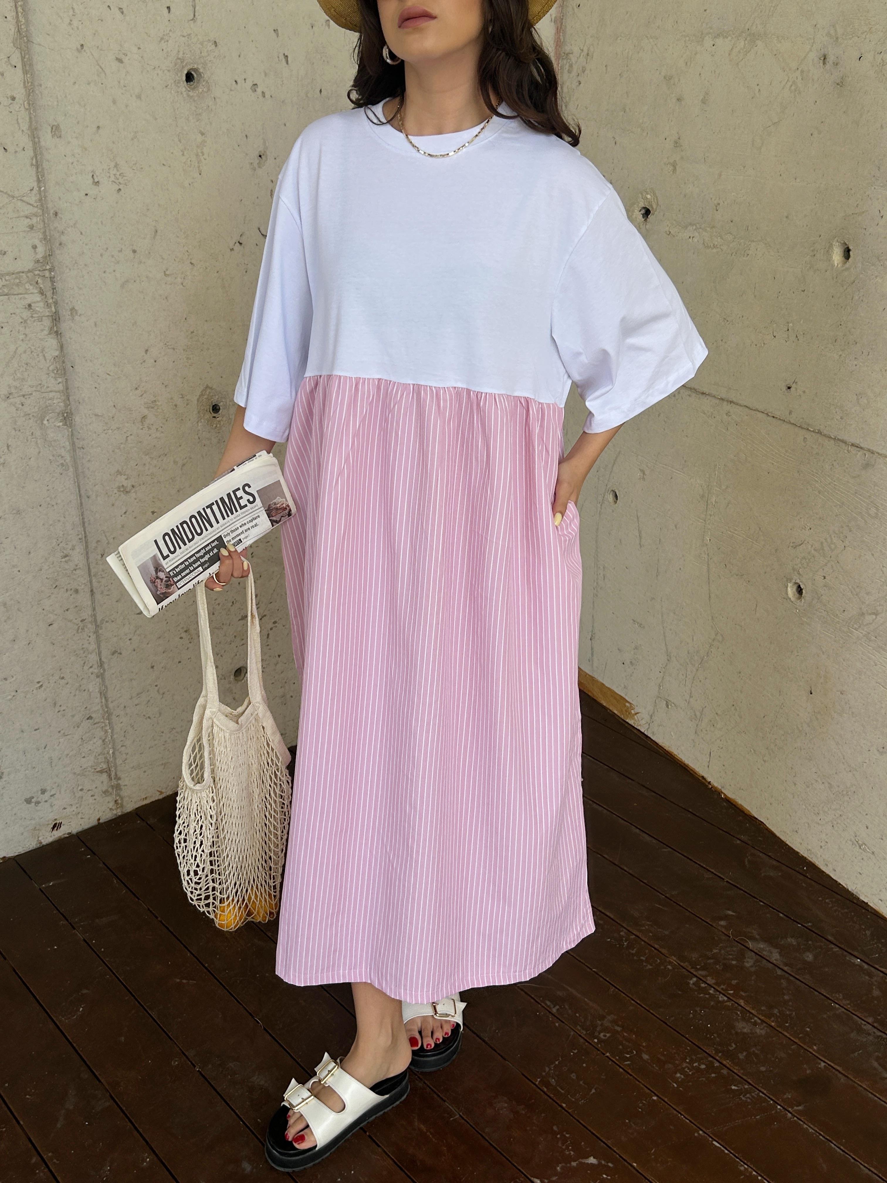 Kadın Pembe Üstü Penye Altı Çizgili Dokuma Kumaş Uzun Oversize Elbise 29169