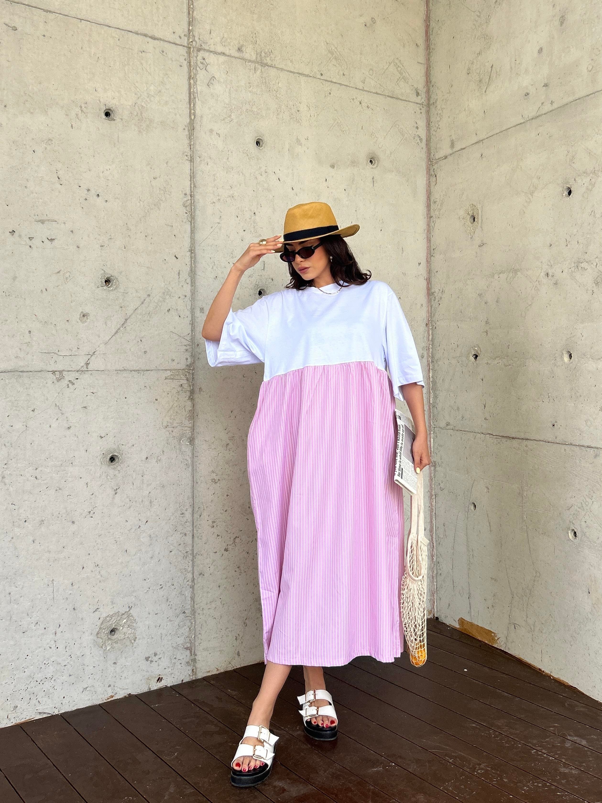 Kadın Pembe Üstü Penye Altı Çizgili Dokuma Kumaş Uzun Oversize Elbise 29169