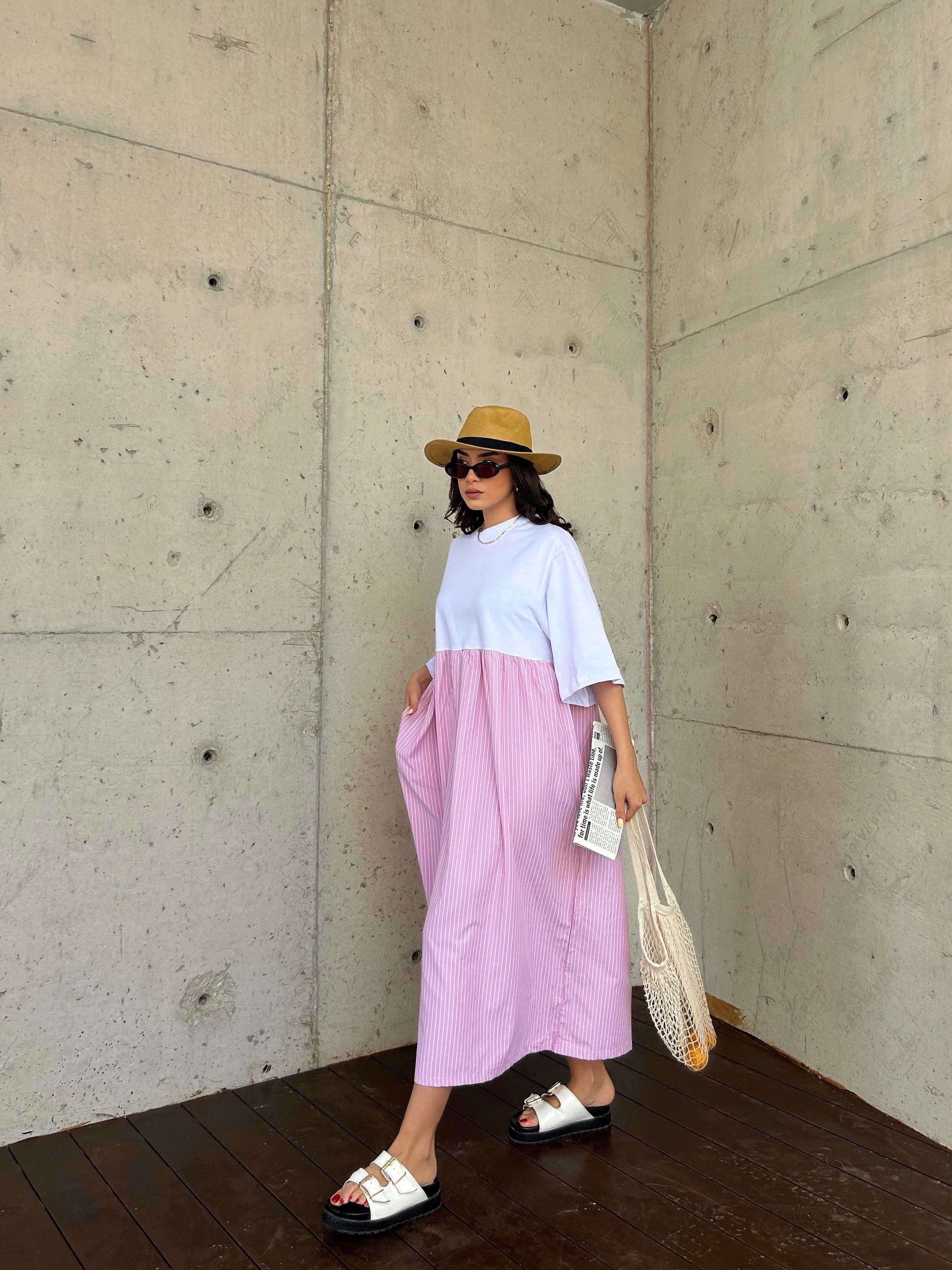 Kadın Pembe Üstü Penye Altı Çizgili Dokuma Kumaş Uzun Oversize Elbise 29169