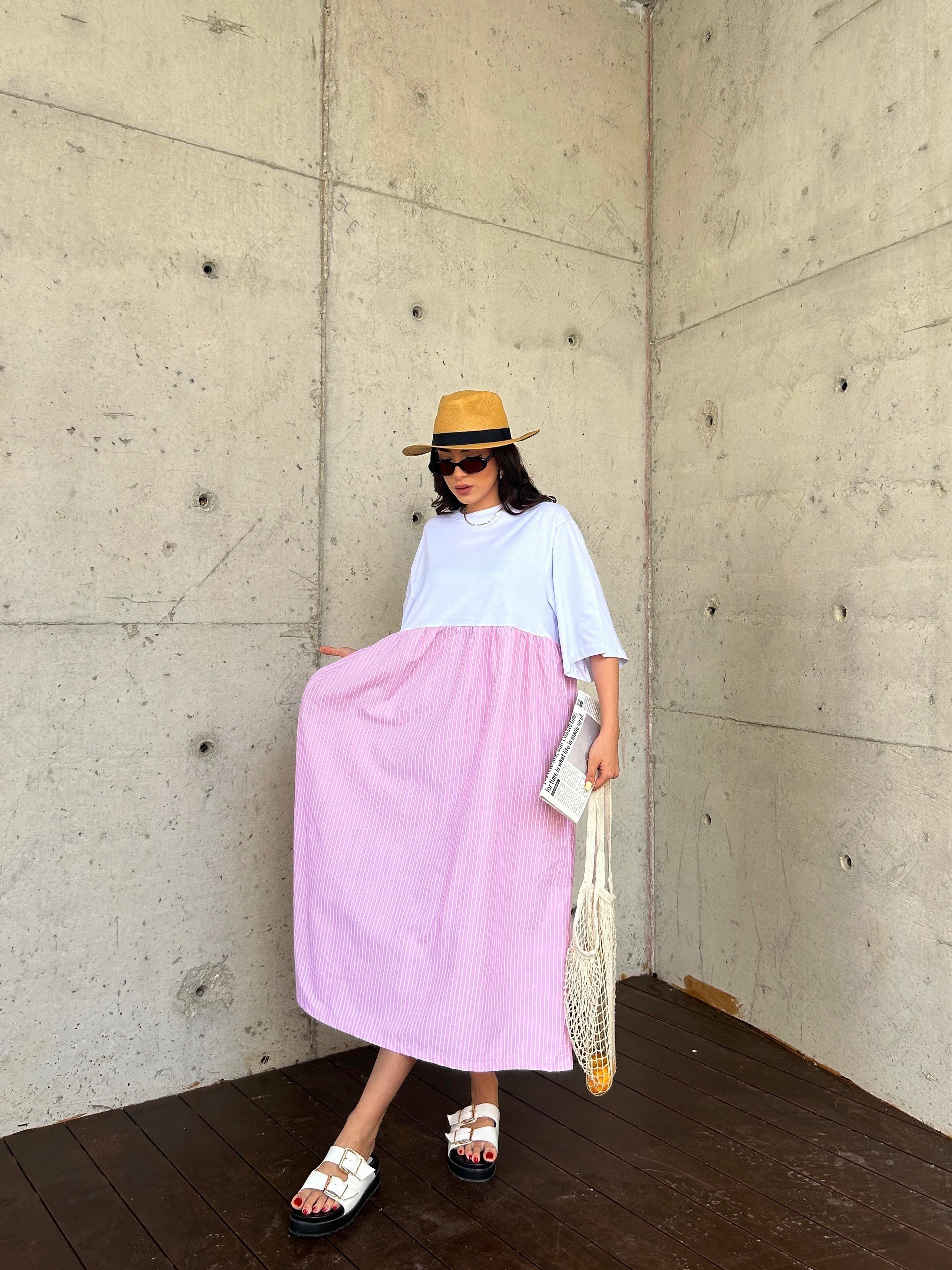 Kadın Pembe Üstü Penye Altı Çizgili Dokuma Kumaş Uzun Oversize Elbise 29169