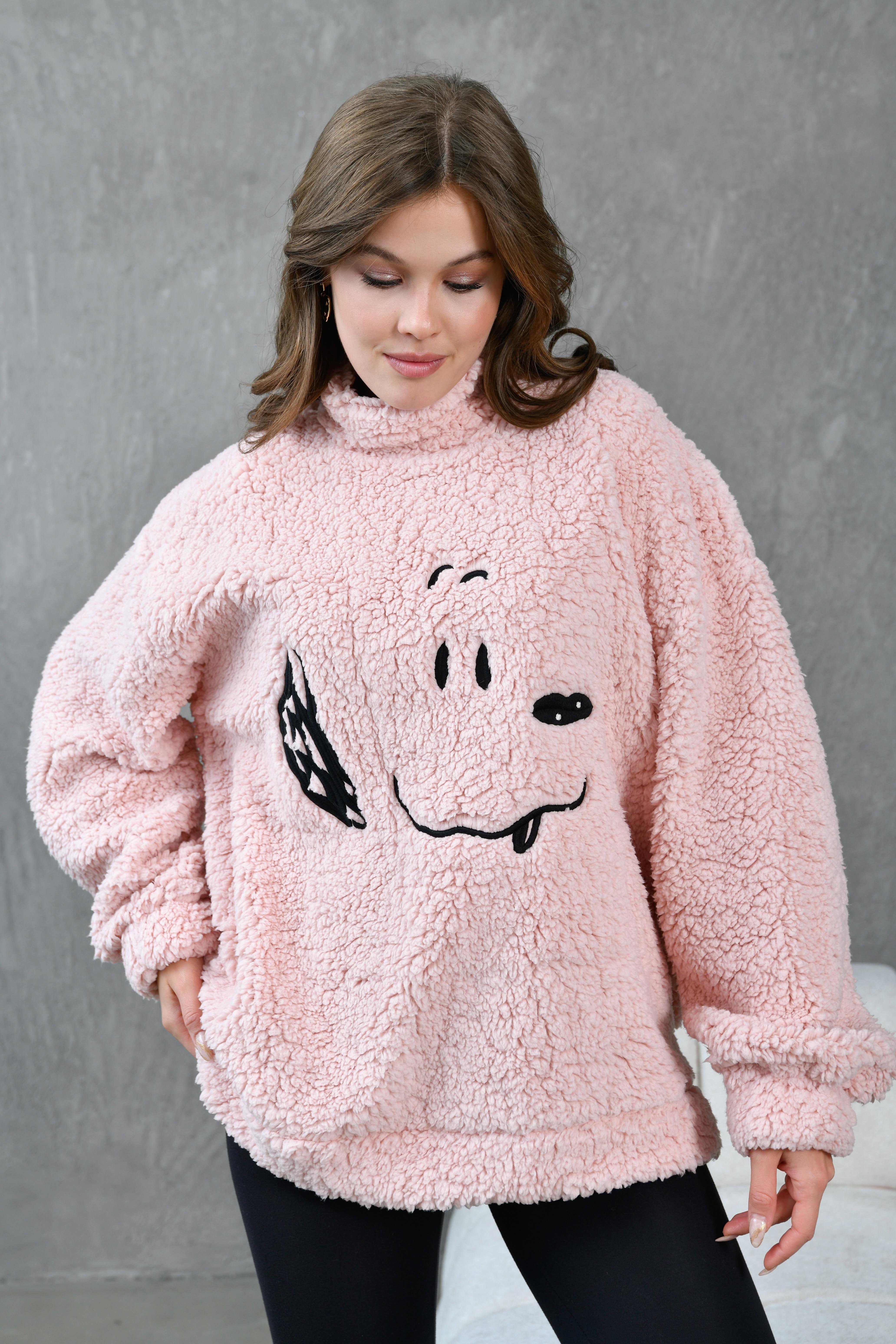 Kadın Pembe Yarım Balıkçı Oversize Nakışlı Pelüş Sweatshirt 28328