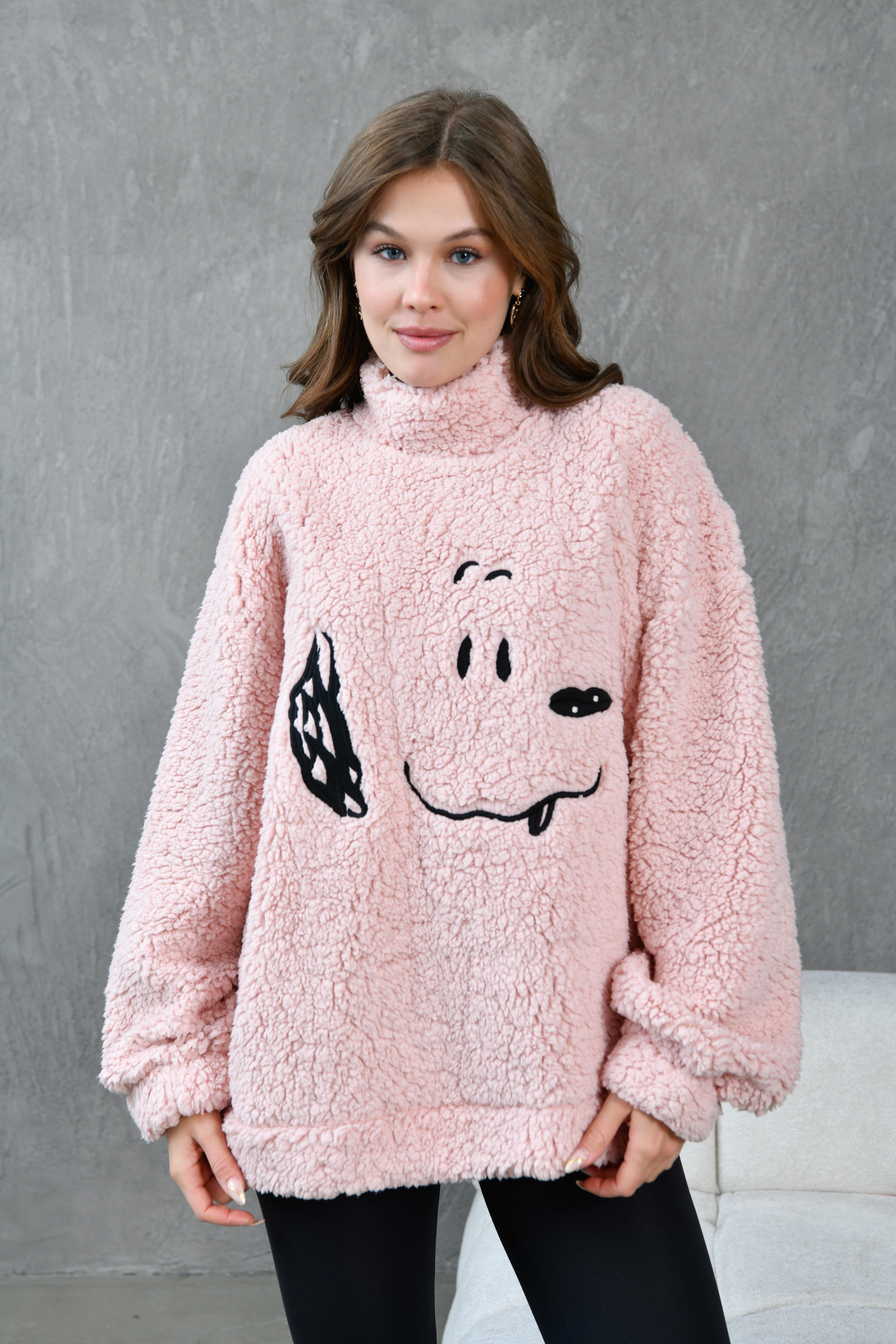 Kadın Pembe Yarım Balıkçı Oversize Nakışlı Pelüş Sweatshirt 28328