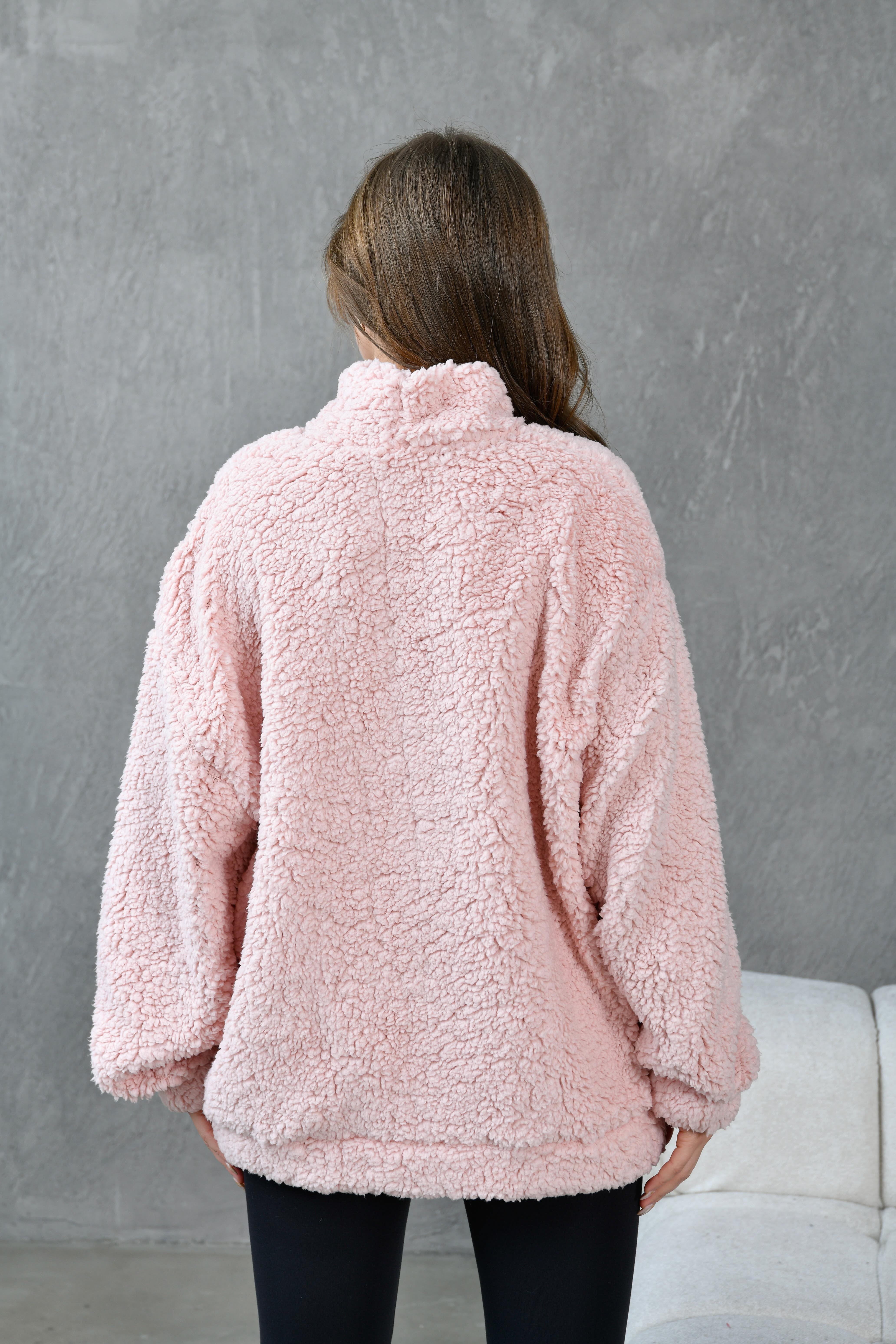 Kadın Pembe Yarım Balıkçı Oversize Nakışlı Pelüş Sweatshirt 28328