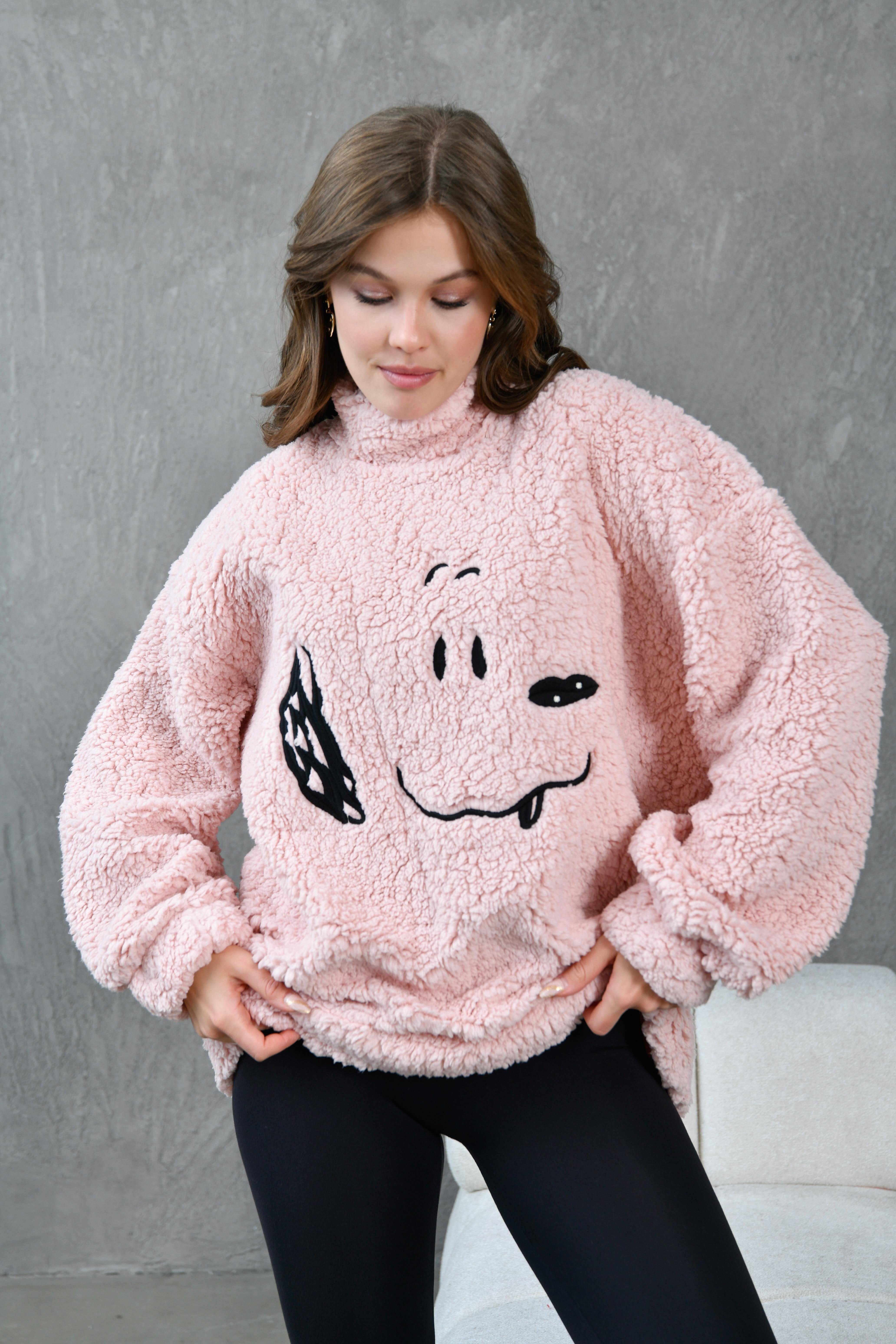 Kadın Pembe Yarım Balıkçı Oversize Nakışlı Pelüş Sweatshirt 28328