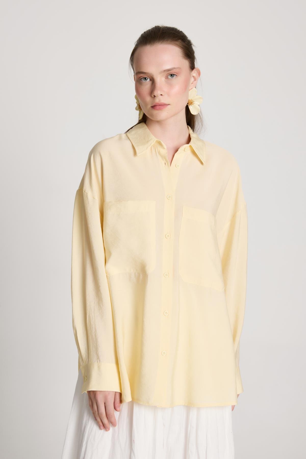 Kadın Sarı %100 Modal Kumaş Cep Detaylı Oversize Uzun Gömlek 29108