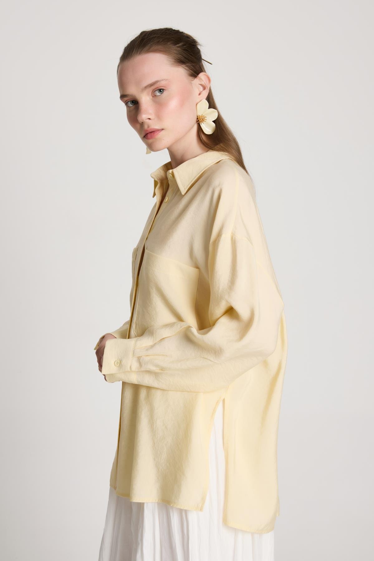 Kadın Sarı %100 Modal Kumaş Cep Detaylı Oversize Uzun Gömlek 29108