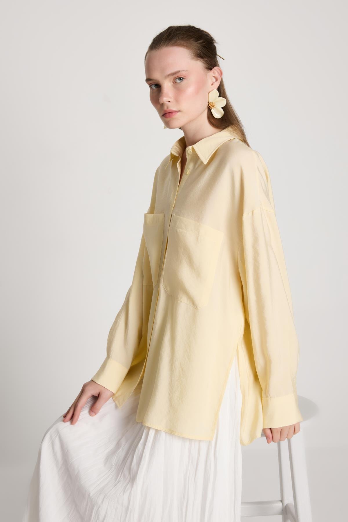 Kadın Sarı %100 Modal Kumaş Cep Detaylı Oversize Uzun Gömlek 29108